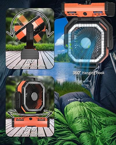 Miniatura 5 de ADUST Ventilador de campamento de 12 pulgadas, funciona con pilas, con linterna LED, ventilador oscilante portátil recargable de 44000 mAh con