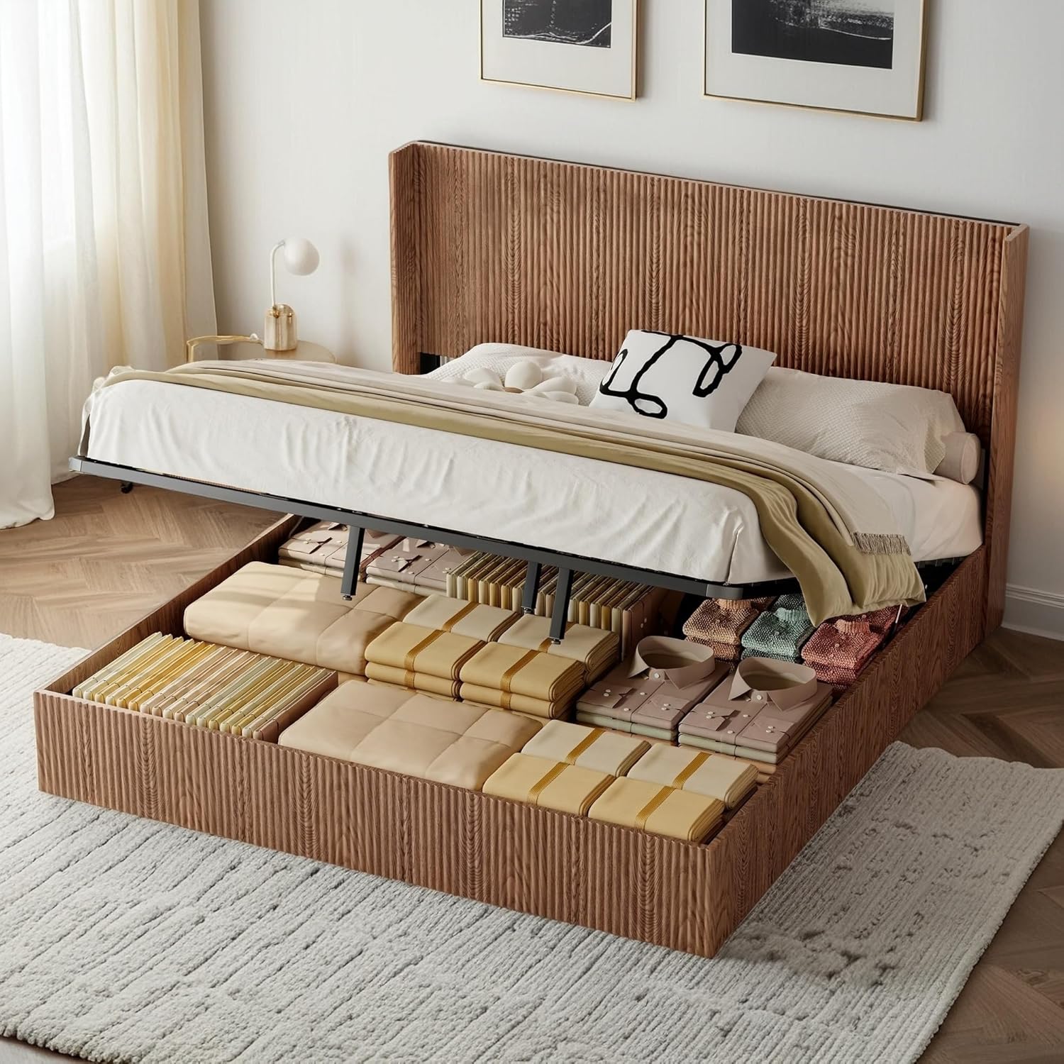 King Size Lift Up Storage Bed with Headboard, Rustic King Bed Frame with Wingback Headboard and Raised Wood Grain Design, Wood Platform Bed with Lift Storage, Natural