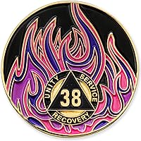 Vista 65 de Medallón de recuperación AA chapado en oro de 1 año Twisted Flames - Negro/Rojo/Naranja/Amarillo