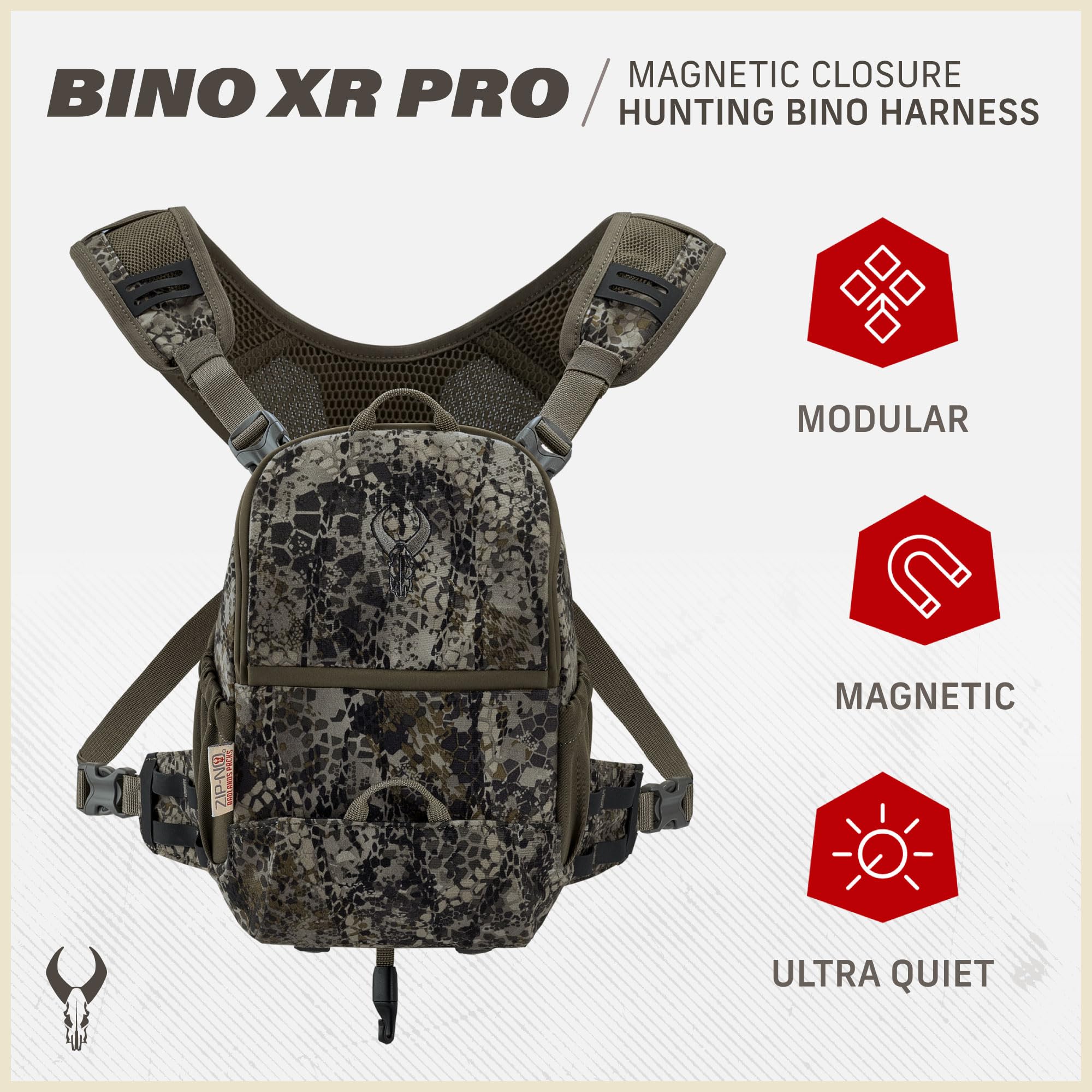 Badlands Bino XR Pro Étui pour jumelles avec harnais d'épaule à quatre points, fermeture magnétique, compartiment télémètre, crochet pour arc pour la chasse et les aventures en plein air, olive
