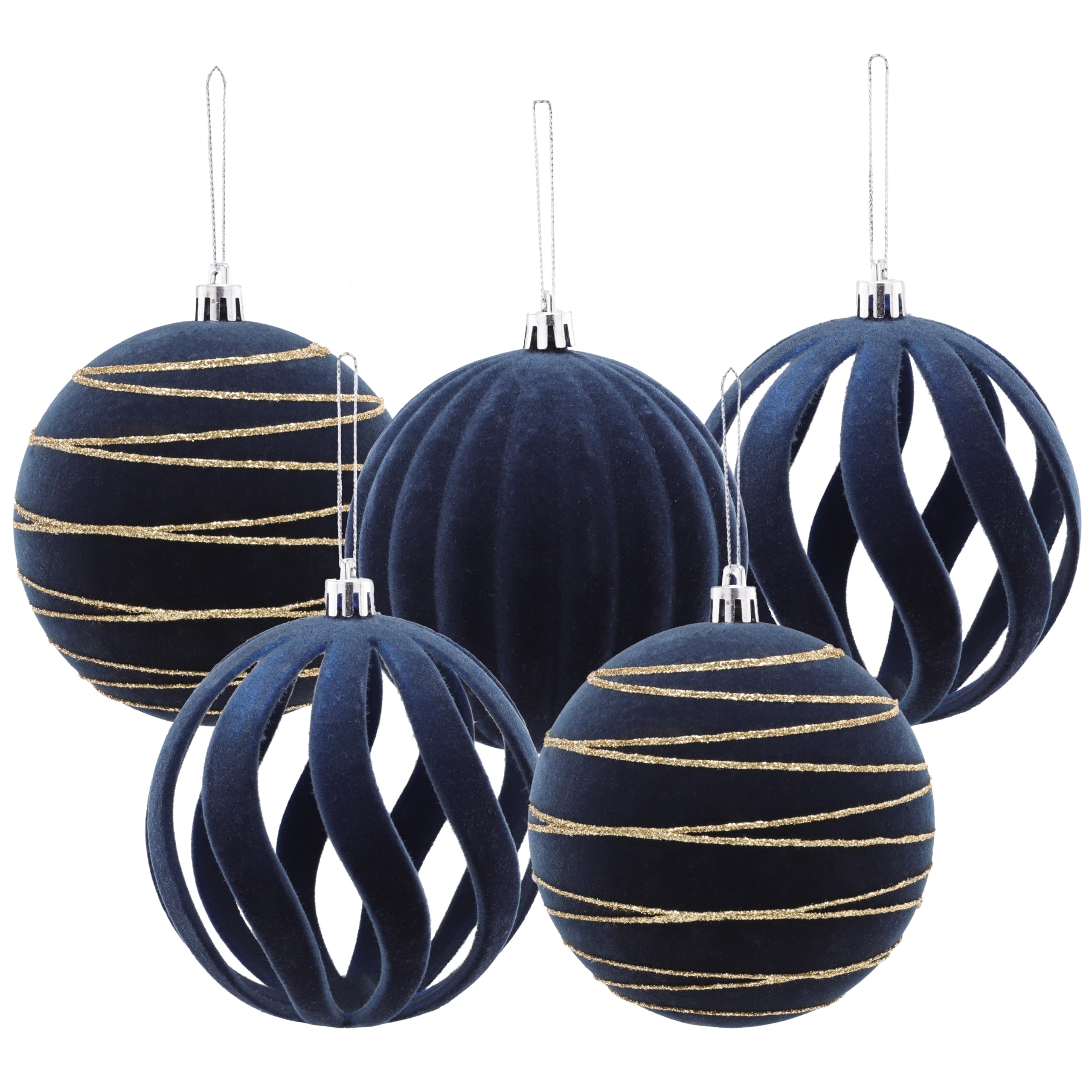 Christmas Concepts Elegance Collection Christbaumkugeln, 5 Stück, 100 mm, Mitternachtsblau, luxuriös, Samt und Glitzer verziert, große Christbaumkugeln, hängende Dekorationen
