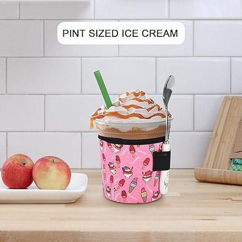 Miniatura 10 de Paquete de 4 fundas de neopreno para helado, tamaño de pinta de helado, con cubierta de soporte para cuchara (sabor a prueba de agua)