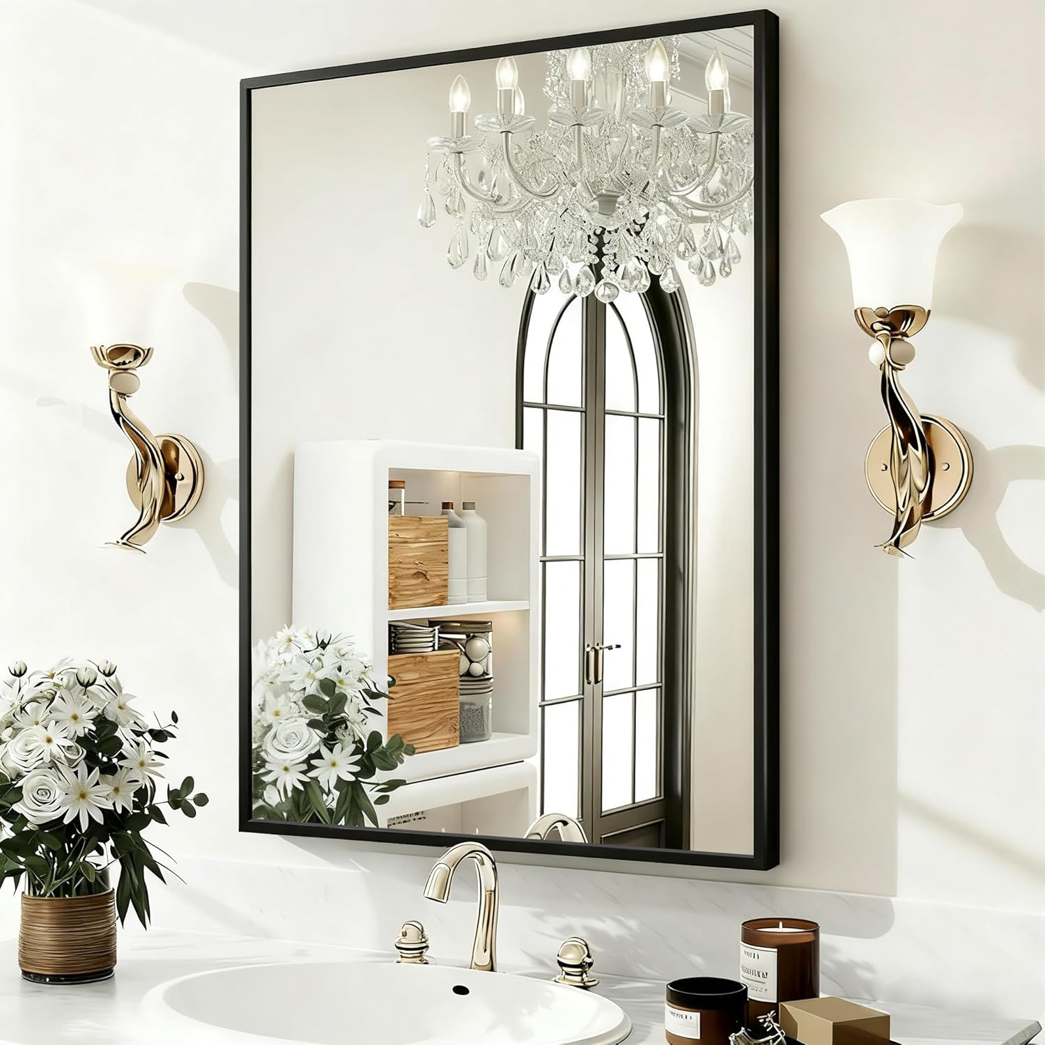 26''x38'' Wall Mirror for Bathroom Vanity, Modern Frosted Metal Framed Arch Mirror, Wall Mounted for Bedroom, Living Room, Entryway (Black, Rectangle) Black 38"L x 26"W