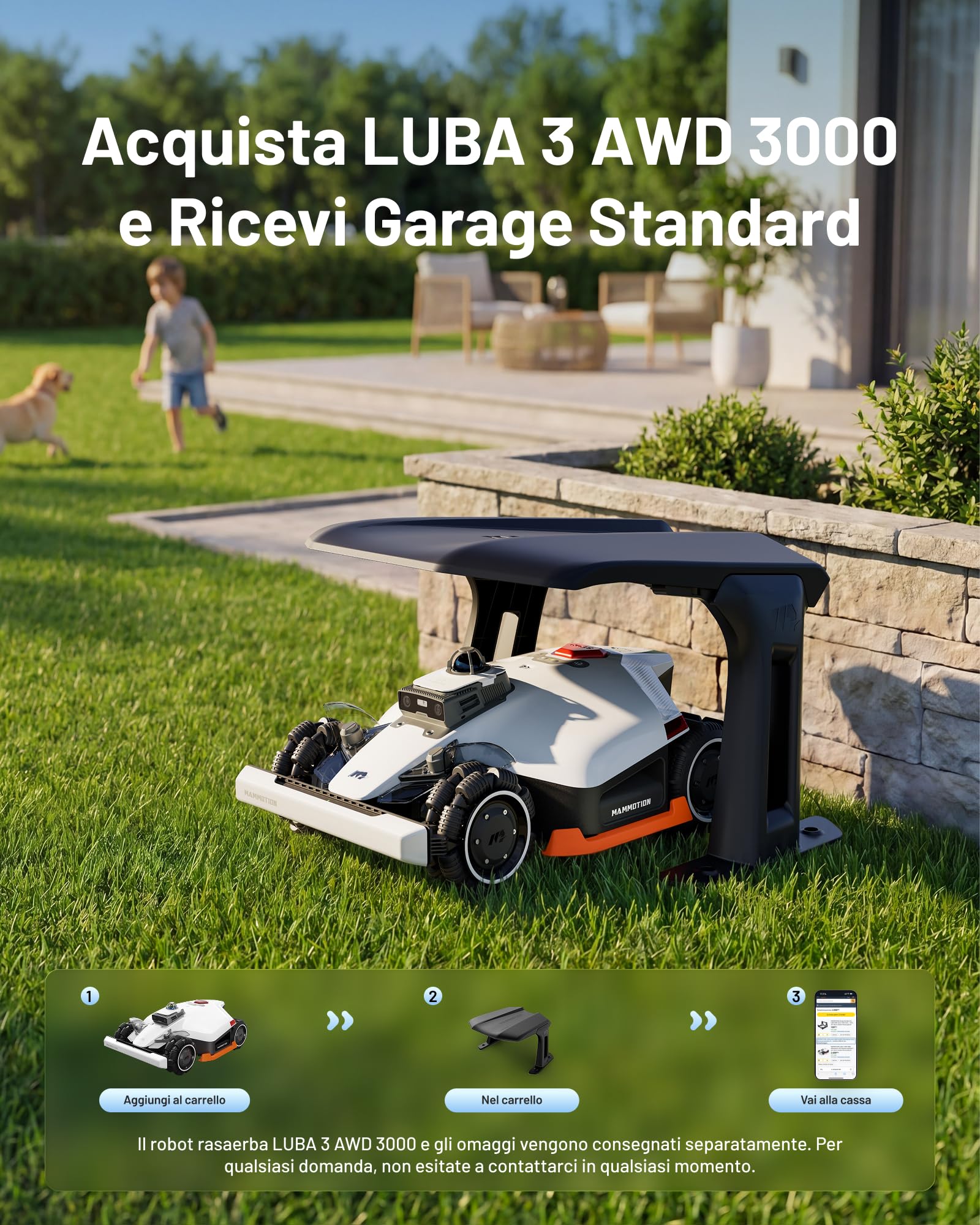 MAMMOTION LUBA 3 AWD 3000 Robot Tagliaerba Senza Filo Perimetrale, Posizionamento LiDAR+NetRTK+AI Vision Tri-Fusion 360°, Trazione Integrale Pendenze all'80%, fino a 30 Zone, Altezza di Taglio 25-70mm