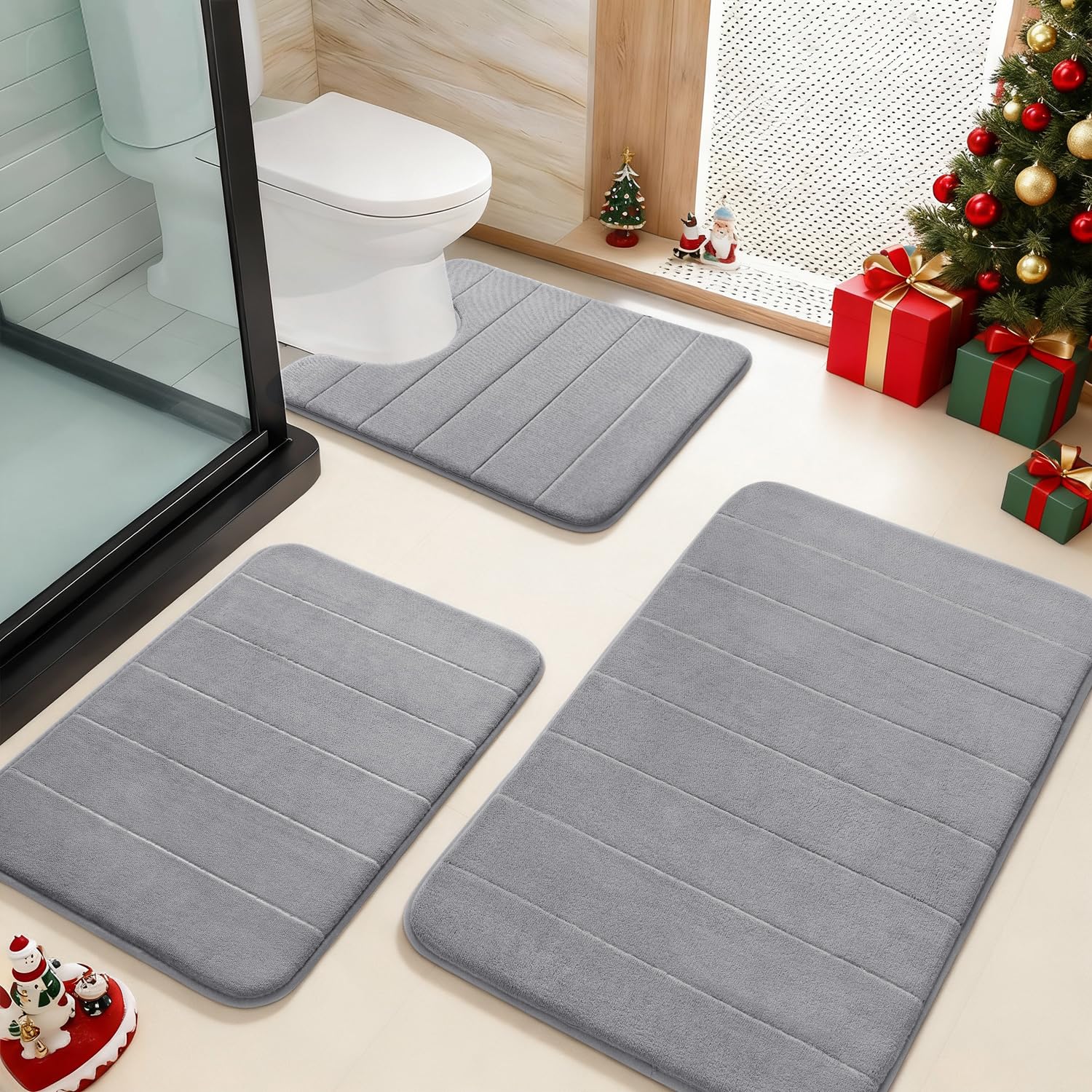 Yimobra Memory Foam Bath Mat Set 3 Pieces- Super Soft Absorbent Quick Dry Bathroom Rug Sets, Machine Washable Non Slip Floor Carpet for Tub Shower, Vanity & Toilet Base, Gray