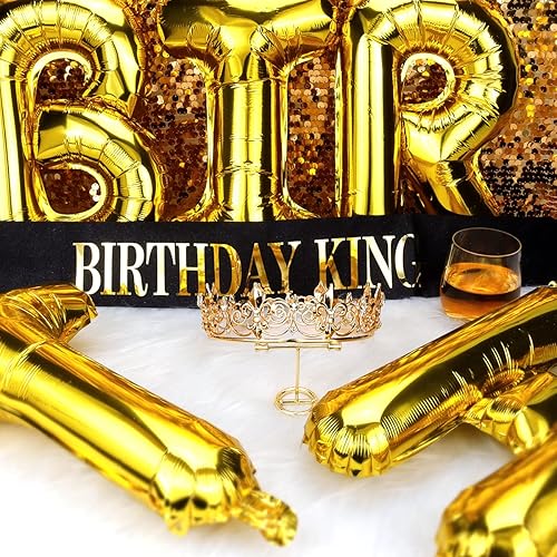 Miniatura 6 de Decoraciones de feliz cumpleaños: corona y banda de rey para hombre, negro y dorado, Metal