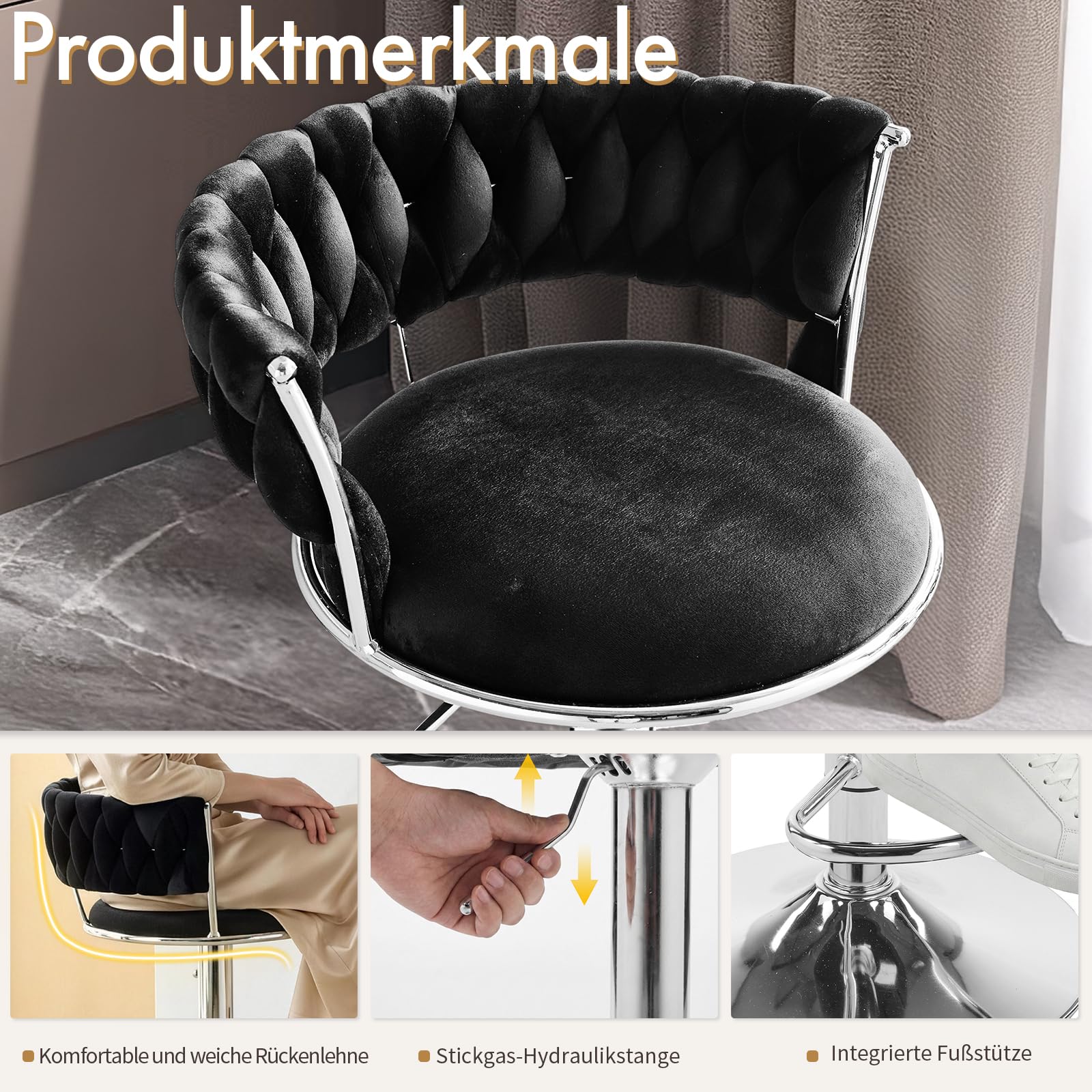LEADZM Barhocker 2er Set, Barhocker Höhenverstellbar mit Samtsitz, Barstuhl 2er Set, Bar Stool, Küchenhocker, für Bar Küche Theke Café (Schwarz)