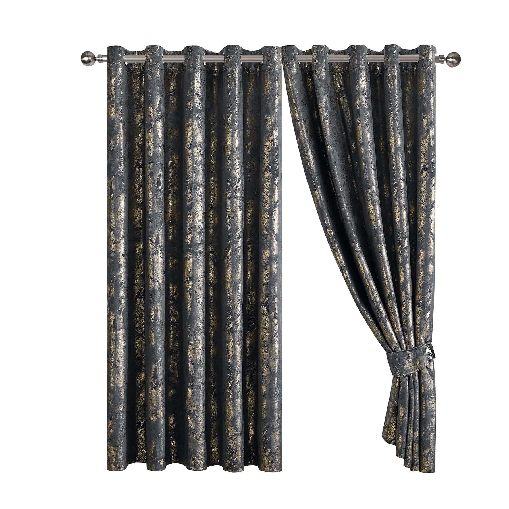 Abstract Metallic Marbled Velvet Curtain Pair - Heavyweight with Foil Print - Room Darkening Eyelet - Fully Lined for Thermal Insulation - Includes Two Tiebacks (Charcoal, 90" x 90" (228 x 228 cm))
