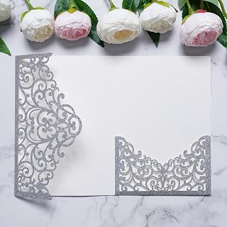 ponatia 20PCS Silver Glitter Laser Cut Wedding Invitations Pockets, Tri-fold 5x7 Laser Cut Invitation Pockets for Wedding Bridal Shower Quinceanera 15 Anos Invite (No Envelopes & Inner Sheets)