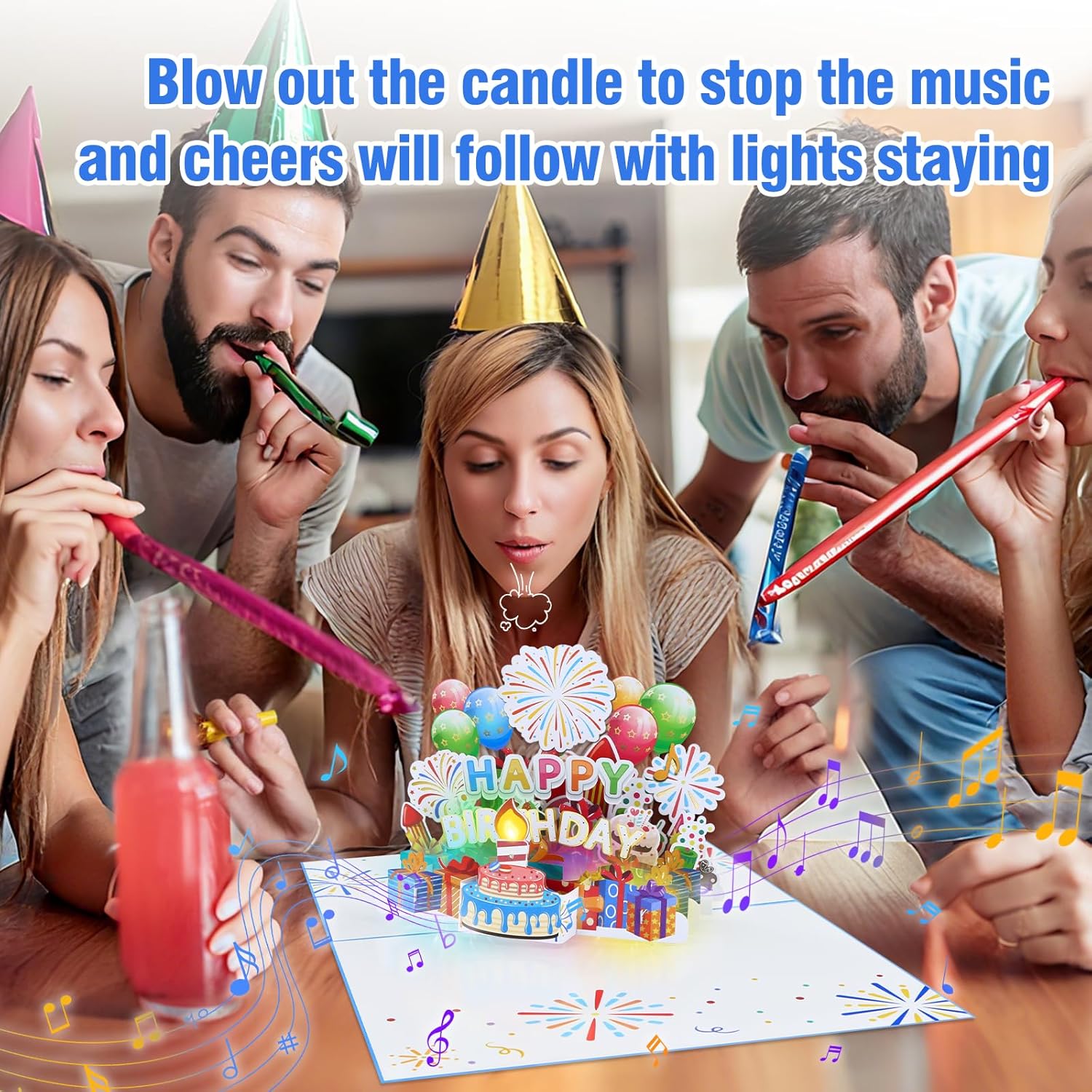 D4DREAM Jumbo Musical Birthday Card - Lights 3D Pop Up Birthday Cards for Women with Blowable Candle Birthday Cake, Gold Foil Firework Design Balloon for Men Women Kids, Envelope Message Card Include - Image 2