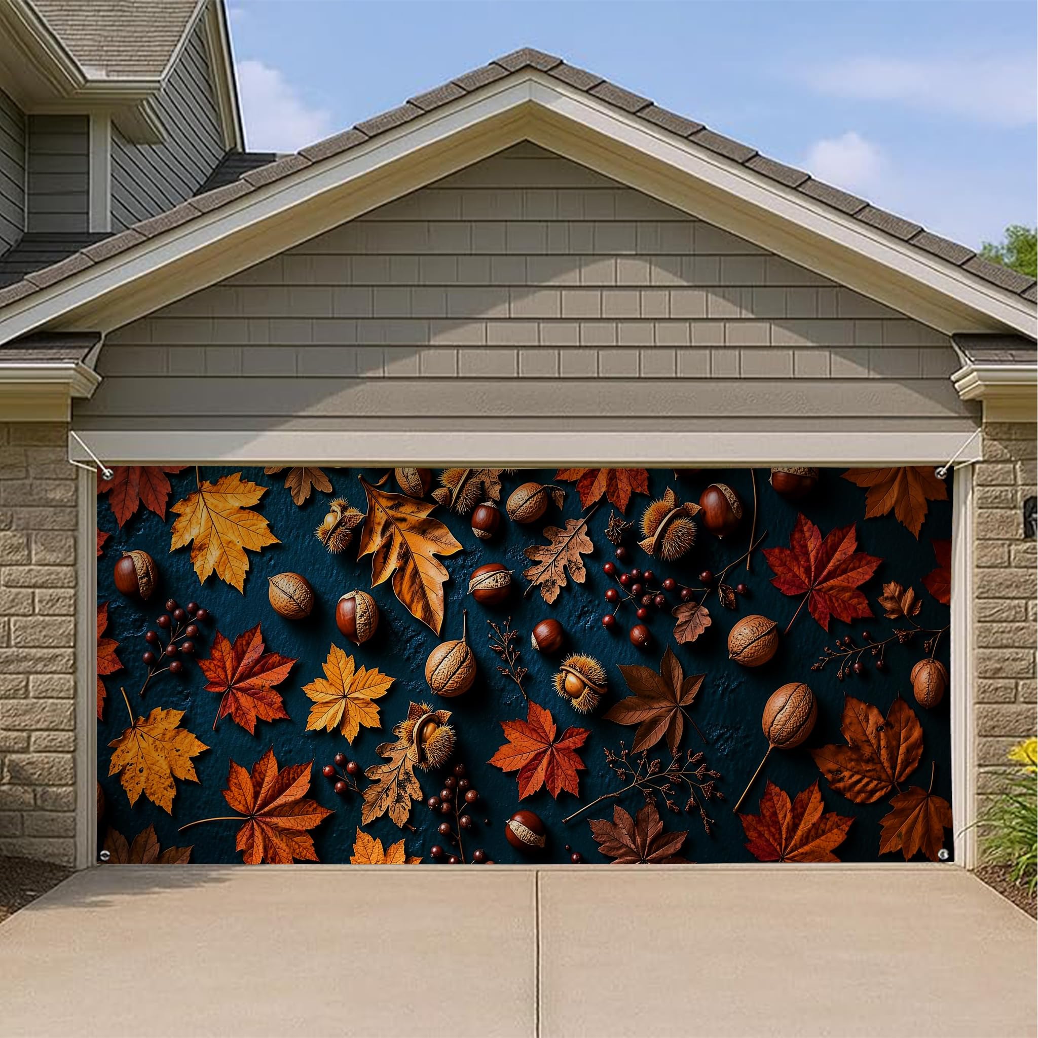 Housse de porte de garage aux motifs de feuilles marron et orange, bâche géante 397x180