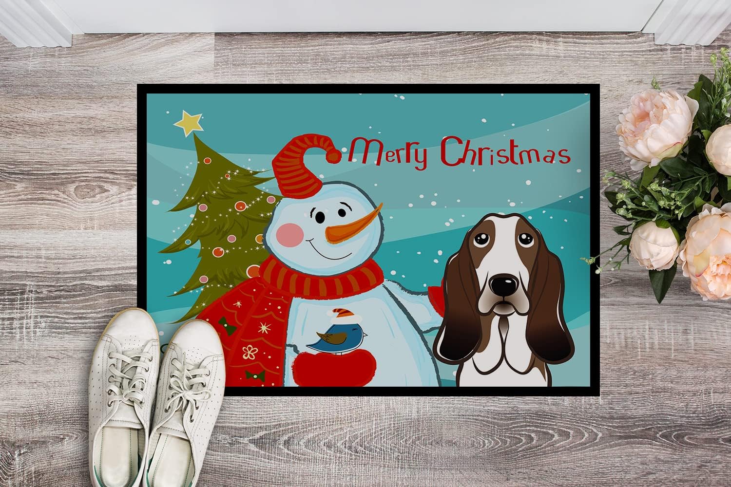 Caroline's Treasures BB1863JMAT Snowman with Basset Hound Doormat 24x36 Front Door Mat Indoor Outdoor Rugs for Entryway, Non Slip Washable Low Pile, 24H X 36W