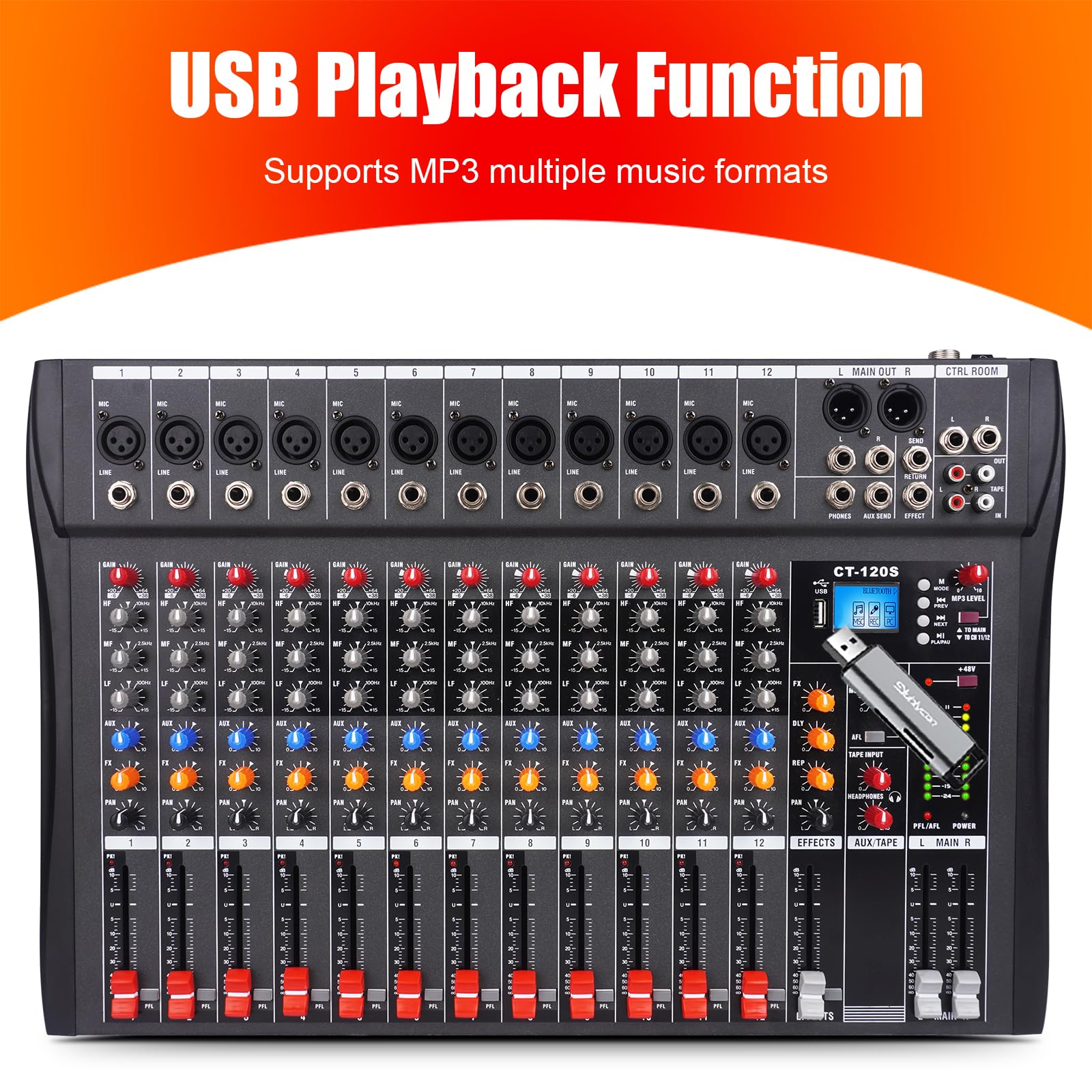 GX12 - Console professionale per scheda audio a 12 canali, interfaccia mixer digitale USB Bluetooth per computer, ingresso MP3, alimentazione phantom, mixer stereo DJ per eventi live, karaoke