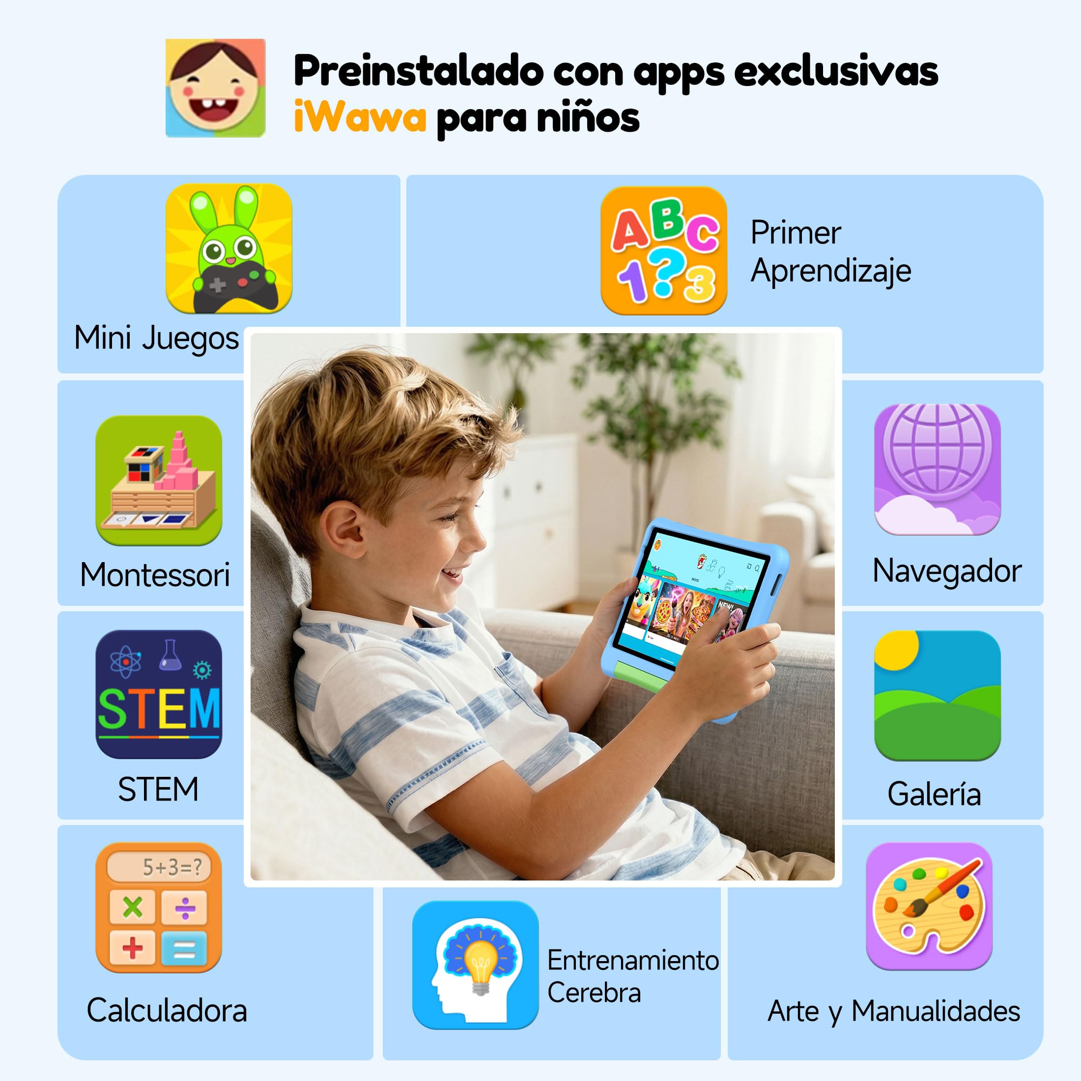 ALLDOCUBE Tablet para Niños 8 Pulgadas,Tablet Infantil con Android 15,5000mAh,32GB ROM,1280×800, WiFi,Control Parental,Tableta educativa para niños con Funda,Azul