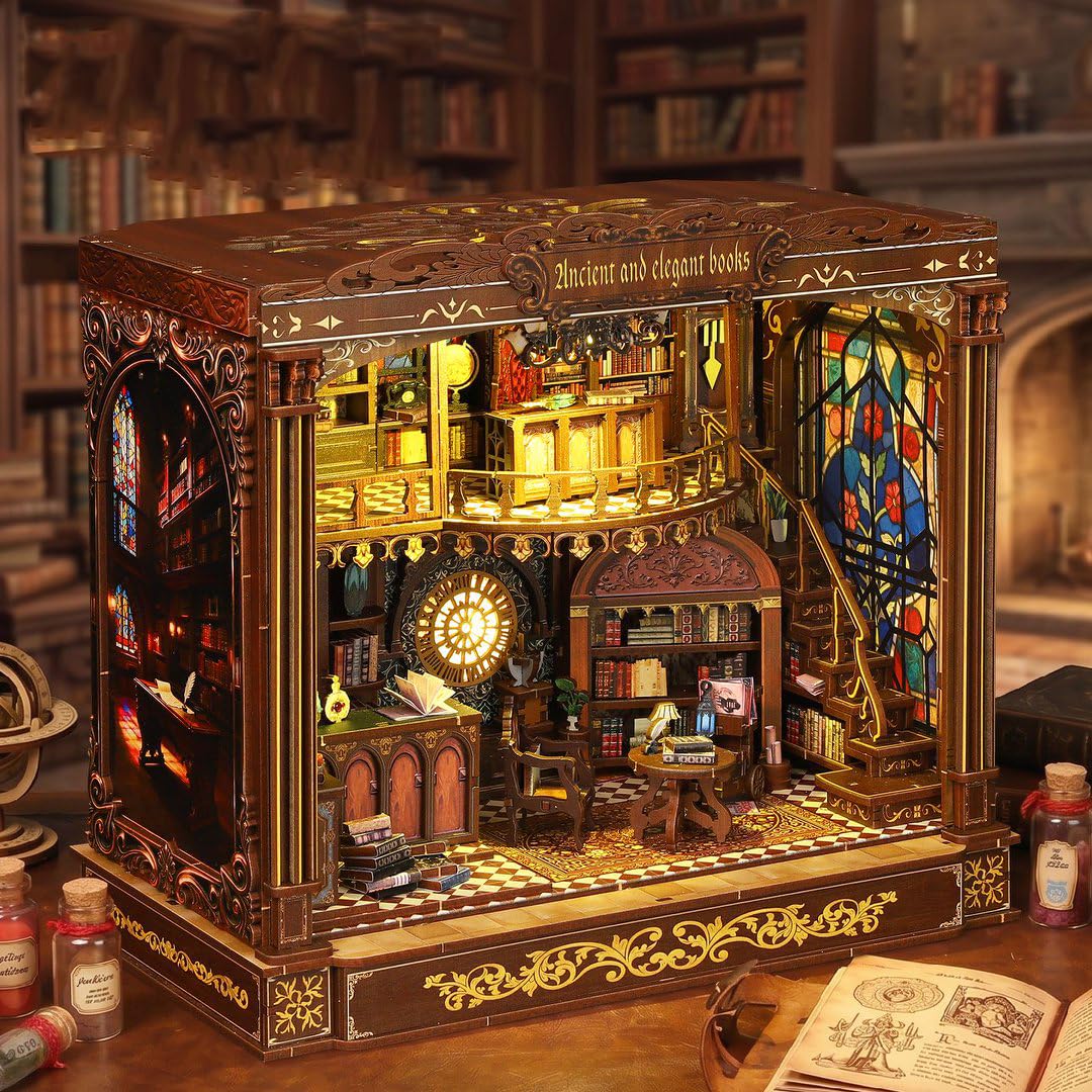 Das Beste Geschenk:DIY Miniatur Holzhaus Bücherregal-Nook Kit mit LED-Beleuchtung Holz 3D Puzzle Bücherregal，Kreatives Bastelset Kreative Dekofigur (mit Staubschutzkappe)