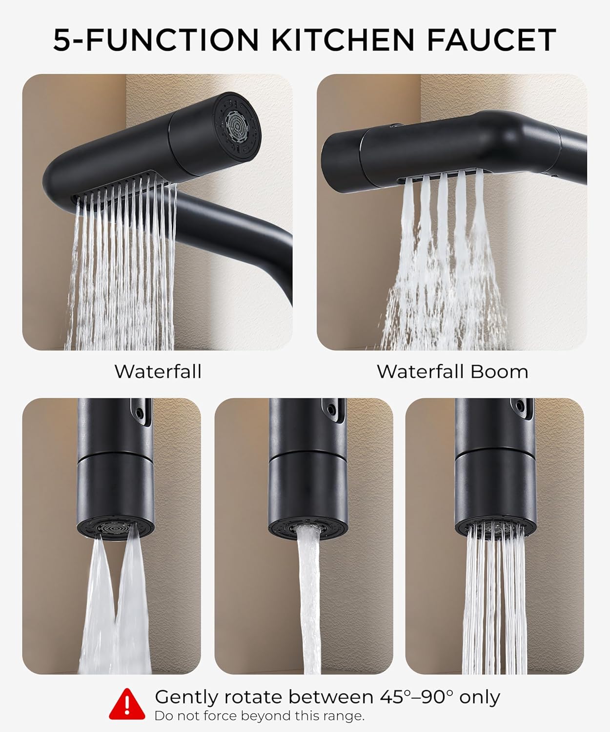 FORIOUS Black Waterfall Kitchen Faucet with Pull Down Sprayer, 5 Spout Modes Stainless Steel Single Handle 360° Swivel Classic Kitchen Sink Faucet with Deck Plate for 1 or 3 Hole for Bar Rv