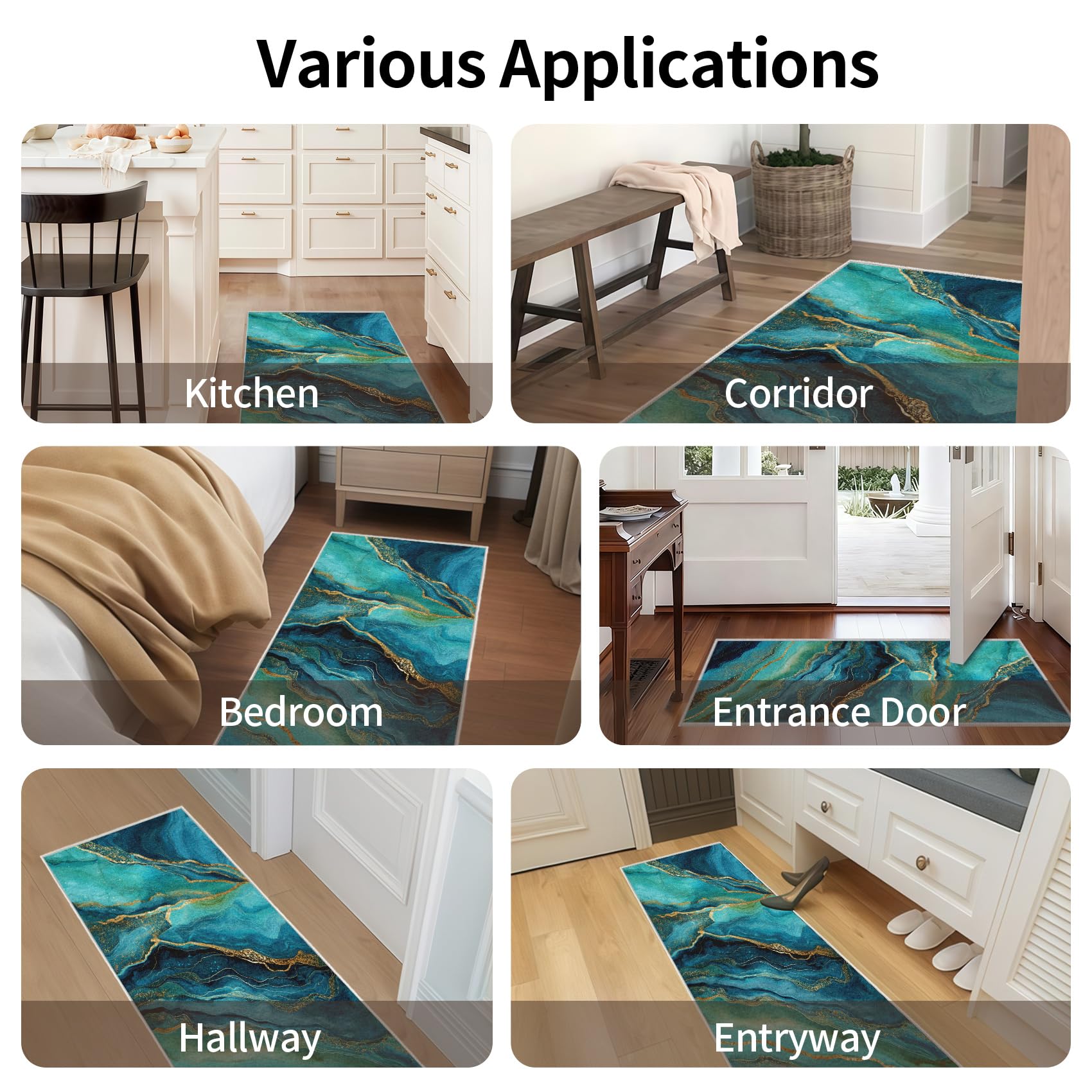 Generisch Türkis Abstrakt Marmor Teppich Läufer 80x200, Modern Luxus Marmor Textur Läufer Flur für Küche Schlafzimmer Wohnzimmer, Küchenläufer Waschbar rutschfest, Kurzflor Teppichläufer （TpO155J）