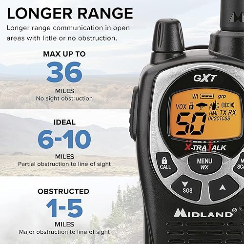 Miniatura 5 de Midland radio consumidor GXT1000AZ radio de dos vías GMRS 50 canales 36 millas paquete individual Pair Pack NegroPlateado