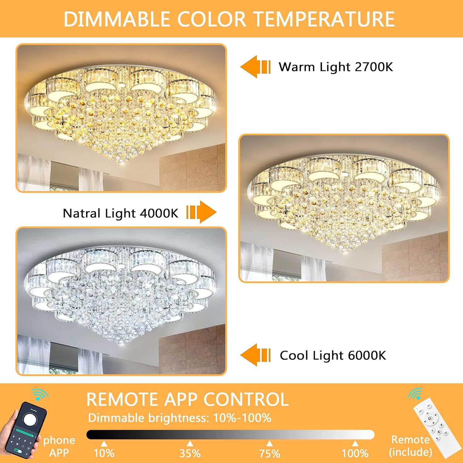 47" Silver Modern Crystal Chandeliers for Dining Room LED Dimmable Light Fixtures Flush Mount Light Living Room Bedrooms