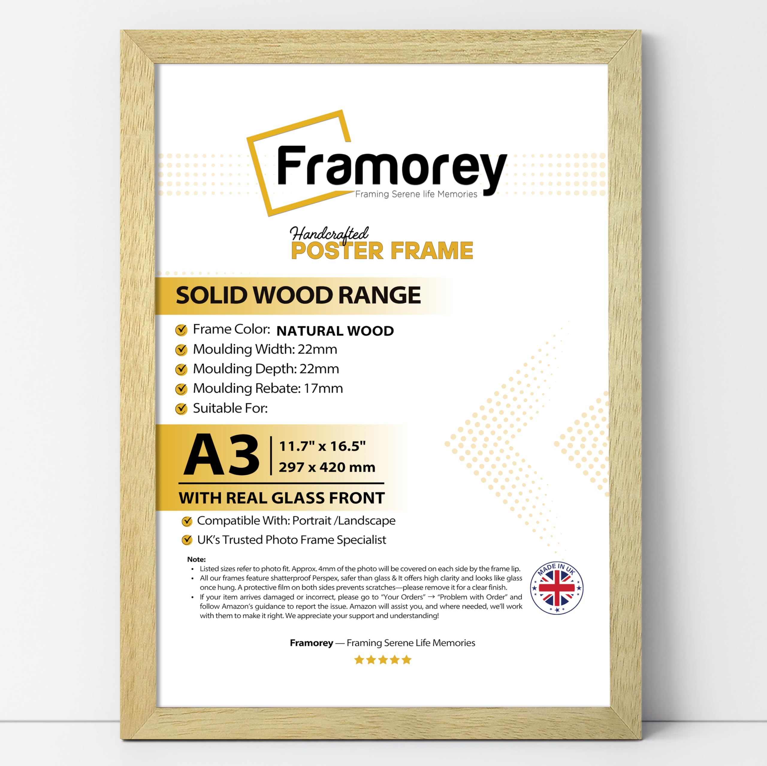 FRAMOREY REAL GLASS A3 Natural Wood Picture Frame - A3 (29.7x42cm) Solid Wood Effect Photo Frame, Suitable for Vertical or Horizontal Wall Mounting, Certificate Frame for Posters, Photos & Art work