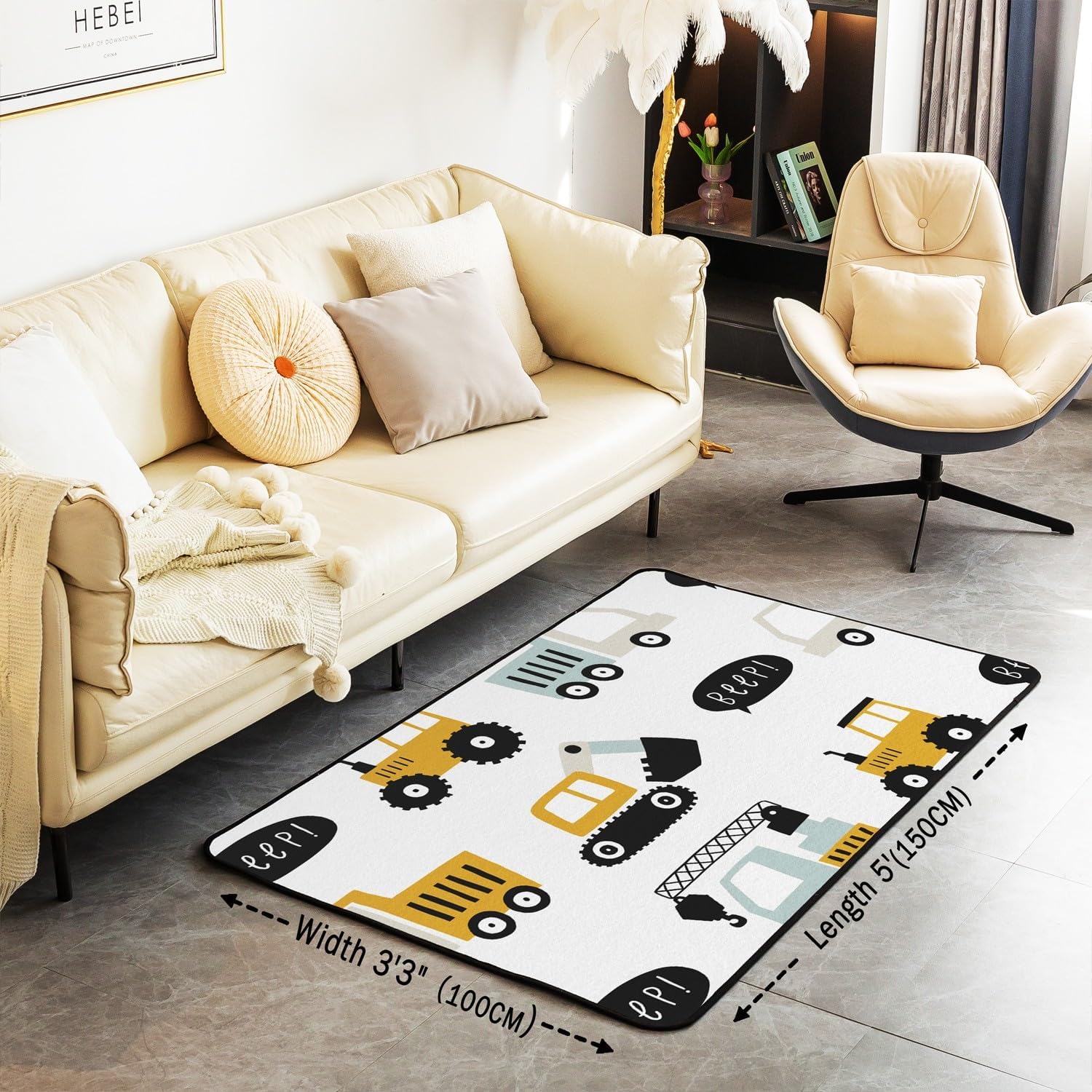 Kids Construction Living Room Rugs 3x5,Cartoon Excavator Tractor Print Area Rugs,Cute Equipment Crane Truck Carpet for Boys Girls Youth Bedroom Decor,White Yellow Indoor Floor Mat Non Shedding