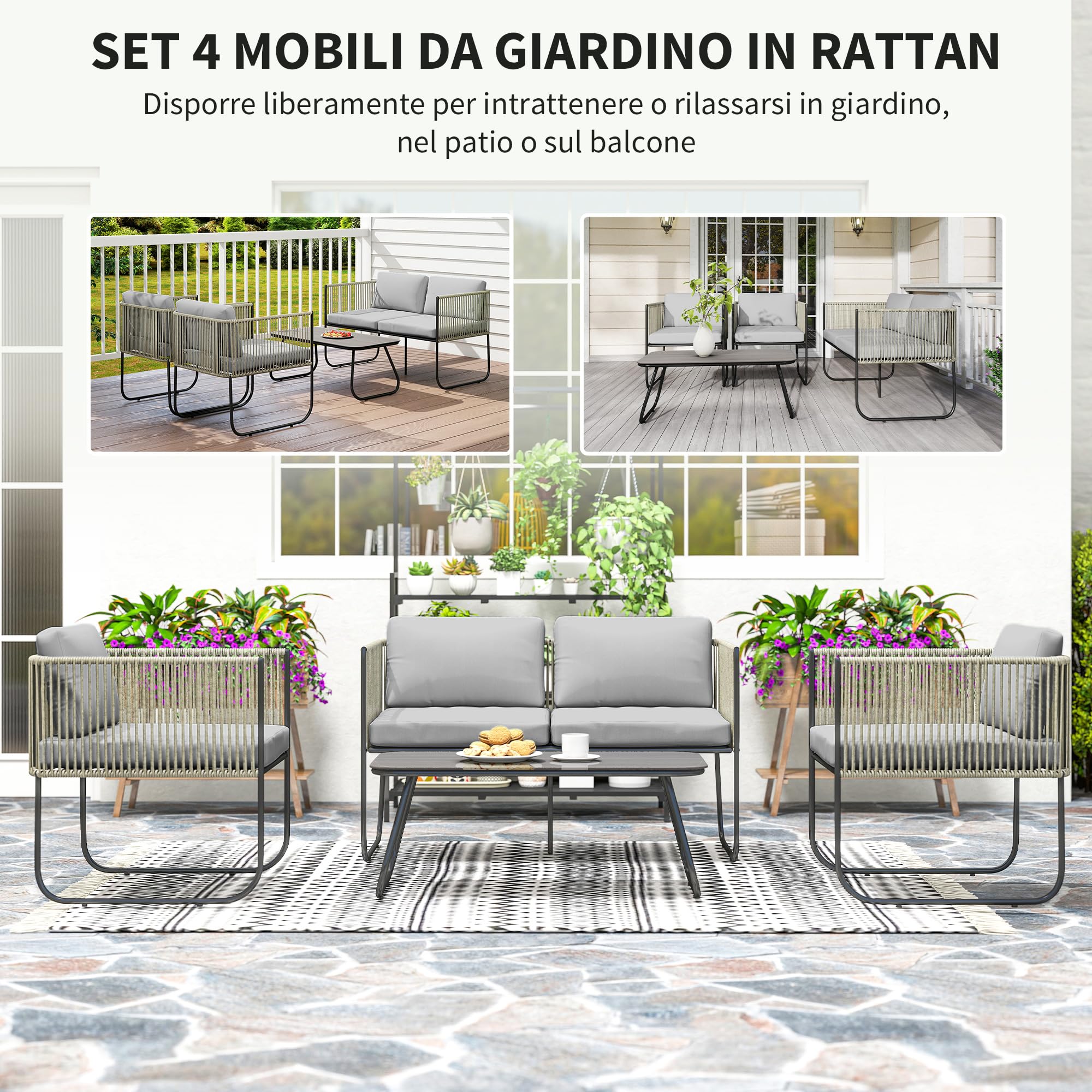 Outsunny Set di Mobili da Giardino in Rattan 4 Pezzi, Salotto da Esterno con Divanetto 2 Posti, 2 Poltrone, Tavolo da Caffè in Vetro e Cuscini Lavabili, Set Giardino Esterno in Acciaio, Grigio Chiaro