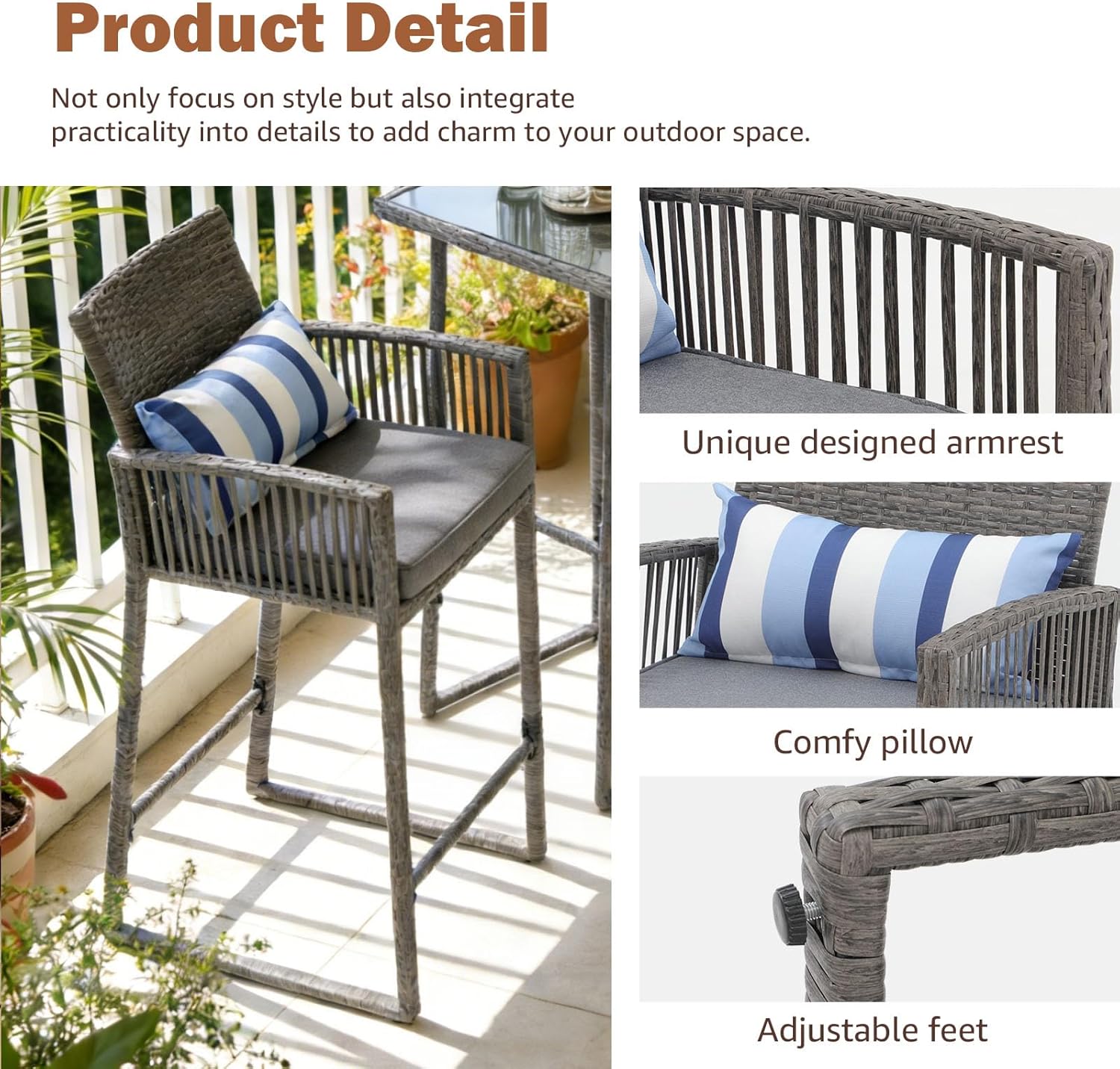 SUNSITT 3-Piece Outdoor Wicker Bar Height Table Set, 2 Bar Stools and 1 Pub Table with 2 Striped Pillows, Grey Rattan, Grey Seat Cushions, Steel Frame
