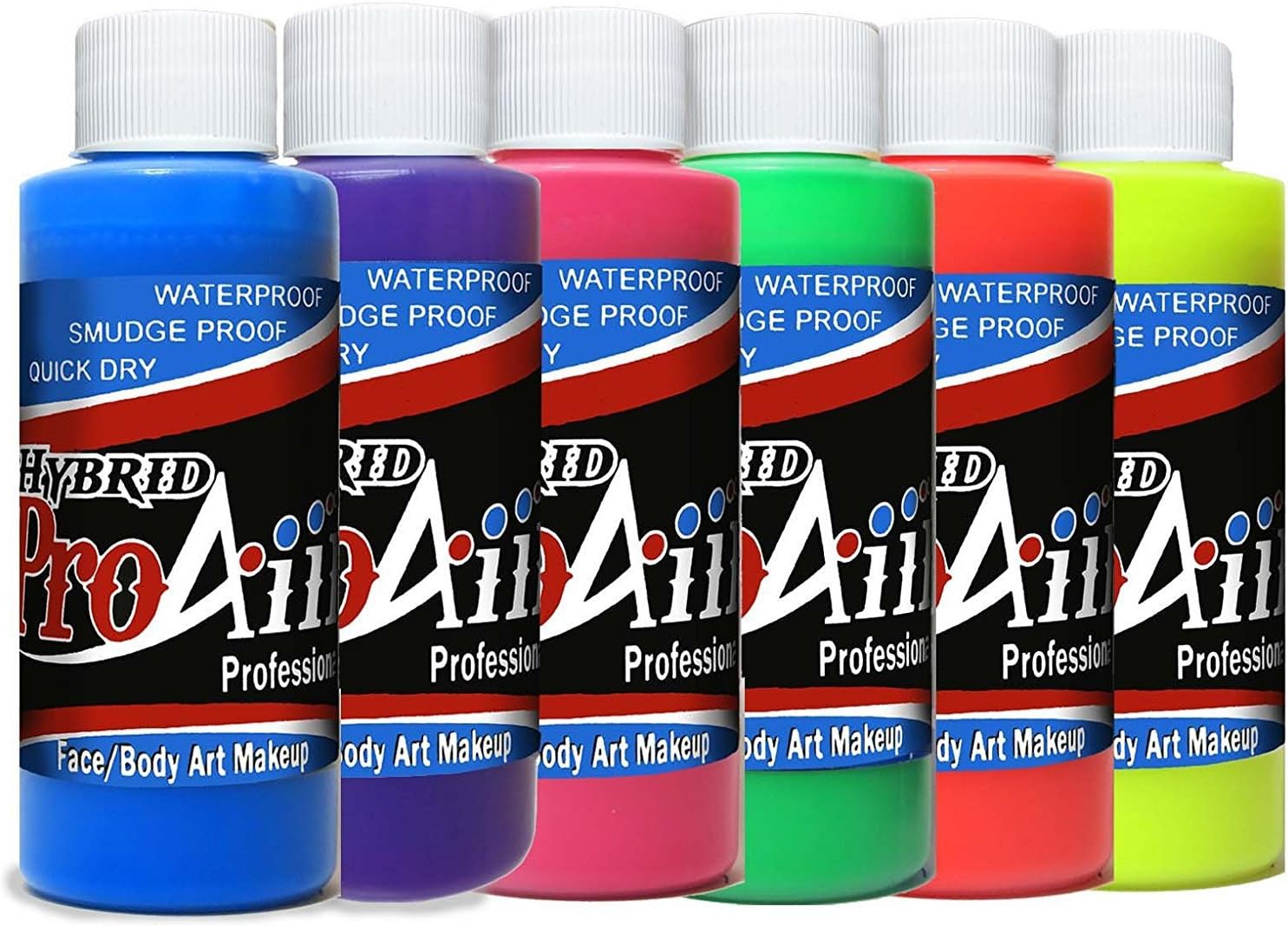 ProAiir Waterproof Hybrid Face and Body Art Paint Sets - Flo 6 (UV/Flourescents), 1oz (30ml) Bottles