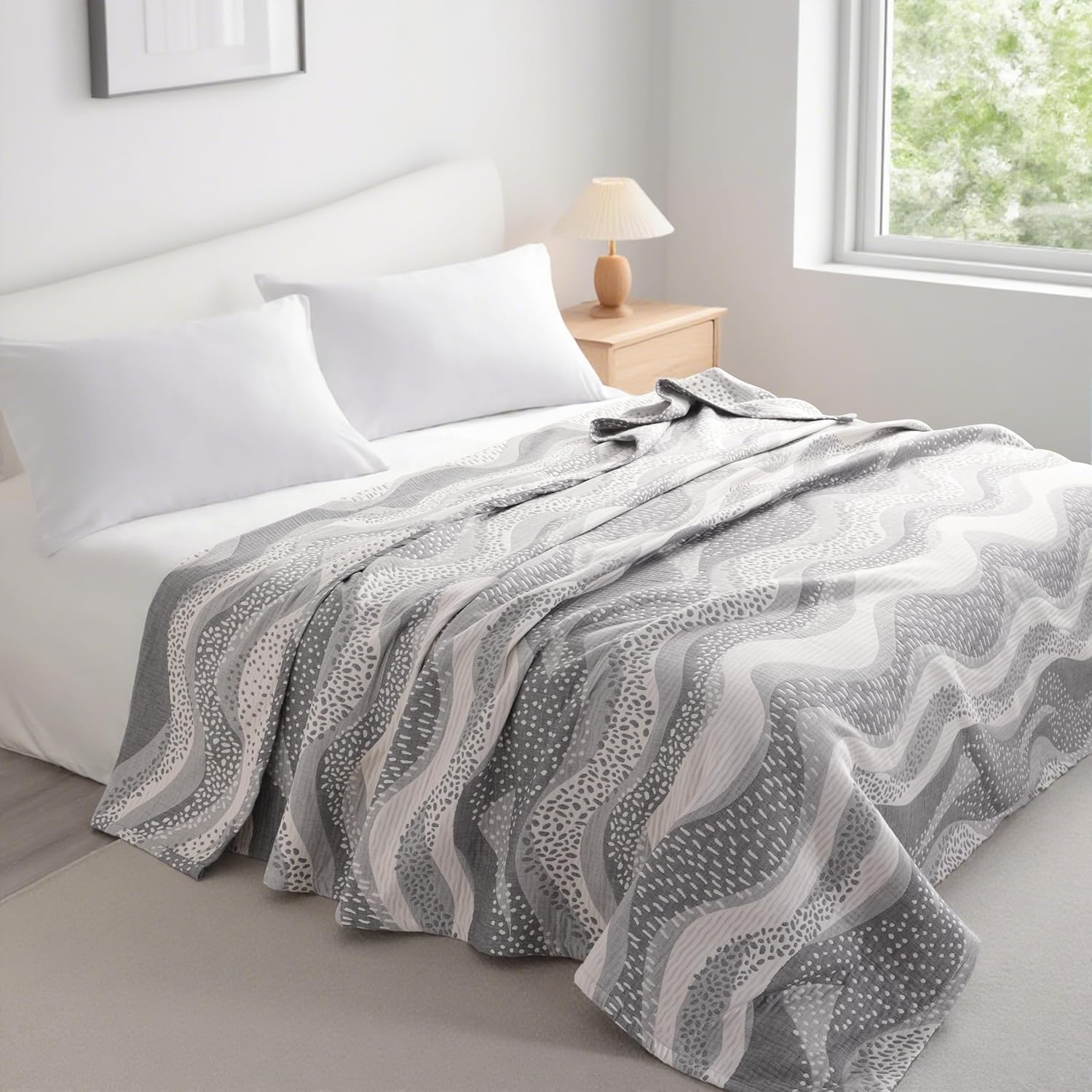 NTBAY 3 Layers Cotton Muslin 106x92 King Bed Blanket, Super Soft Breathable Thermal Yarn Dyed Quilt for Adults, Perfect Lightweight Blanket for Couch Sofa Bed All Seasons, Grey Wheat Waves - Image 5