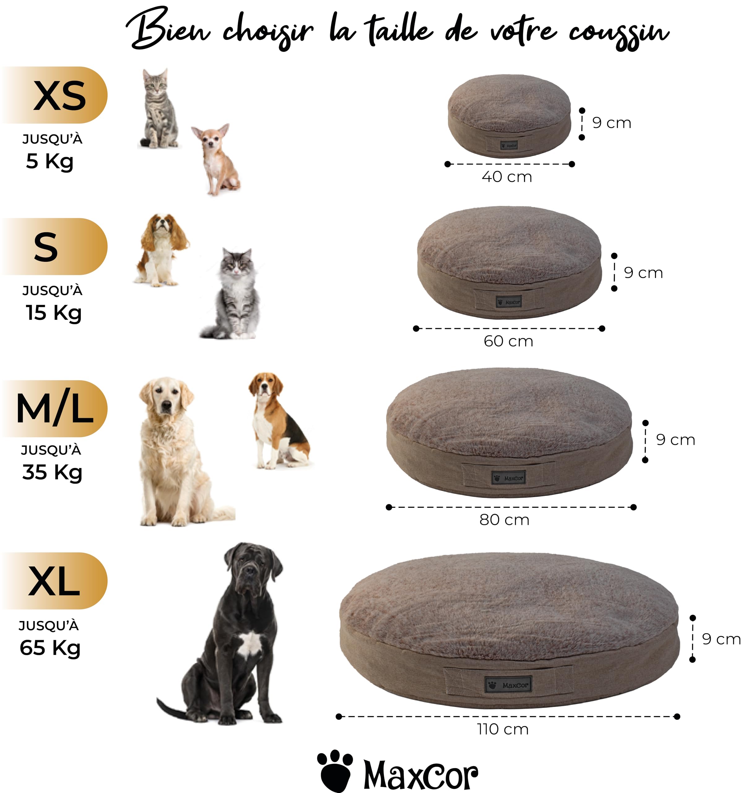 MaxCor Coussin Chien et Chat Rond à Mémoire de Forme Orthopédique - Petit Beige - Soulage et Préserve Les articulations - Réversible Face Hiver, Face été - Ne se déforme Pas et Lavable en Machine