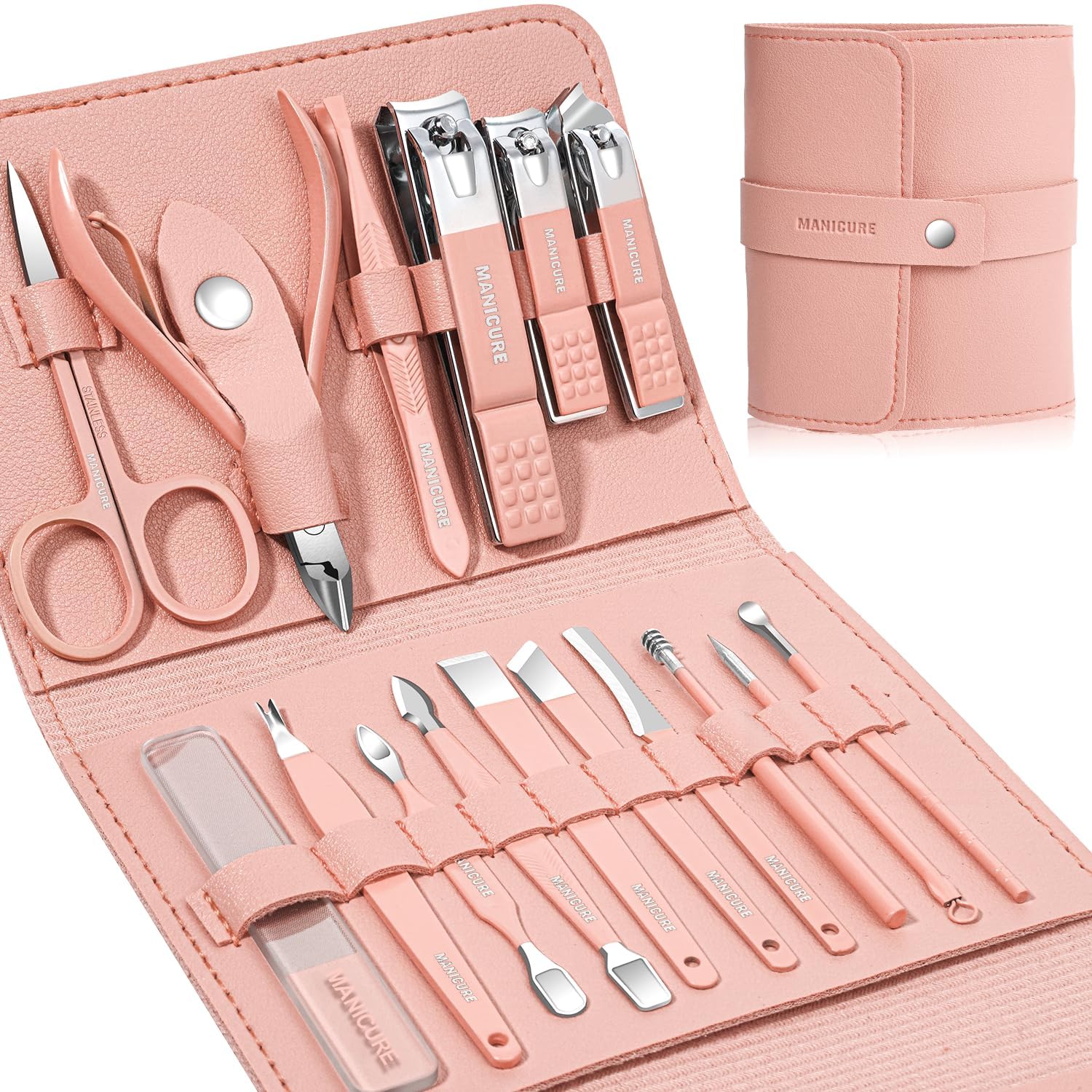 MEI DE MODA Professional Manicure Pedicure Kit | Luxury Nail Grooming Set With Designer Leather Case (16 PCS PINK)-image-44