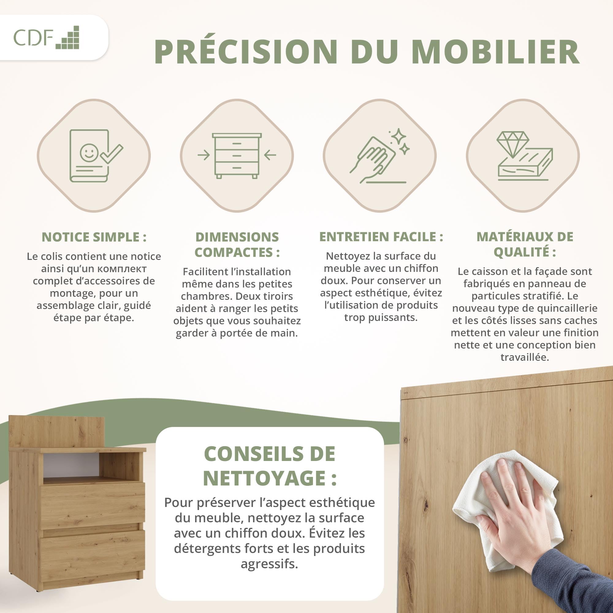 CDF Table de Nuit M1 Malwa, Table de Nuit | Couleur : Chêne Artisan | Idéal pour Chambre à Coucher, Chambre d'enfant, Adolescent | Deux tiroirs spacieux | Tiroirs sans poignée