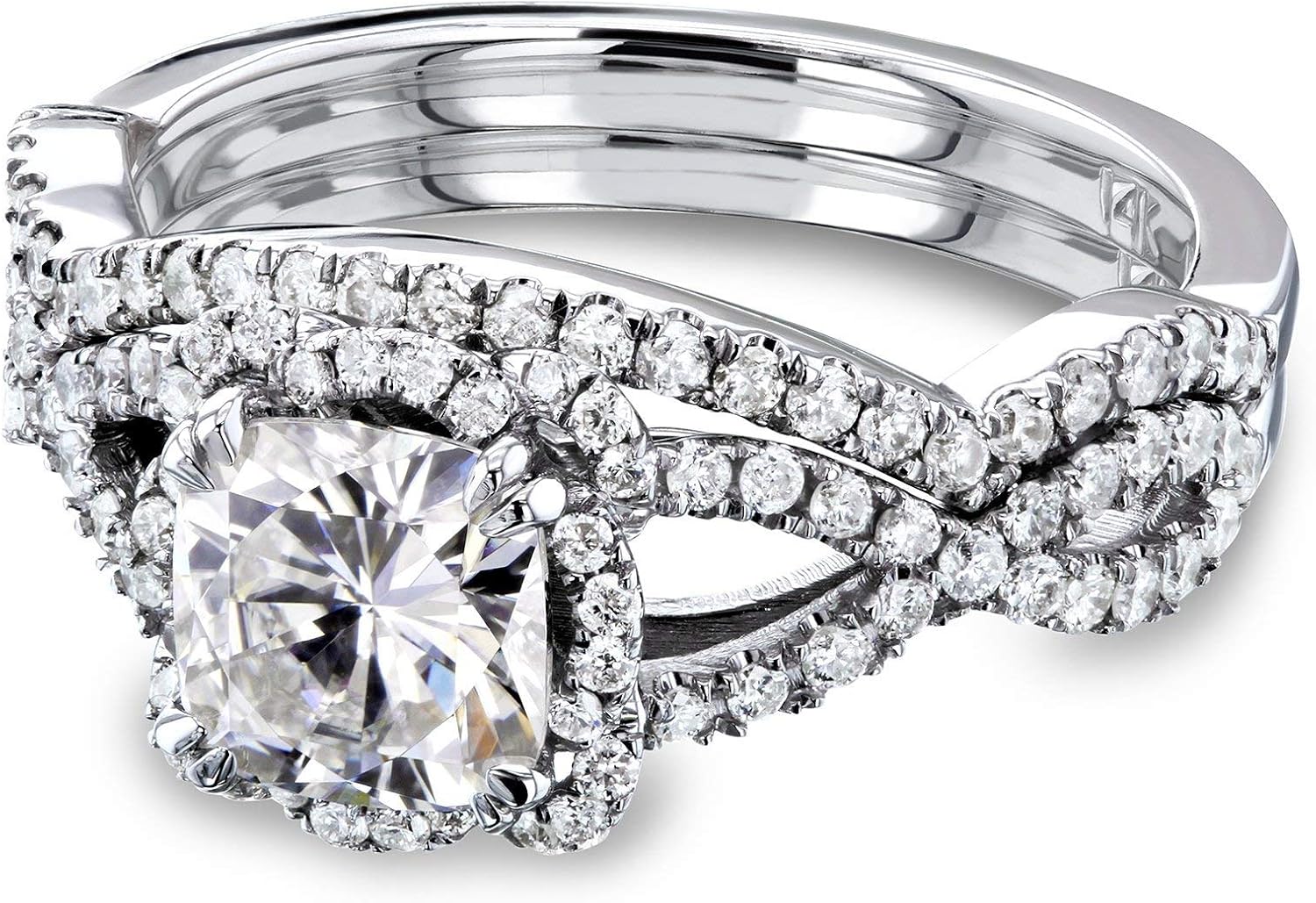 Kobelli Cushion Moissanite Fancy Halo Cross Shank Bridal Set, 1-1/2 CTW 14k Gold (DEF/VS, GH/I)