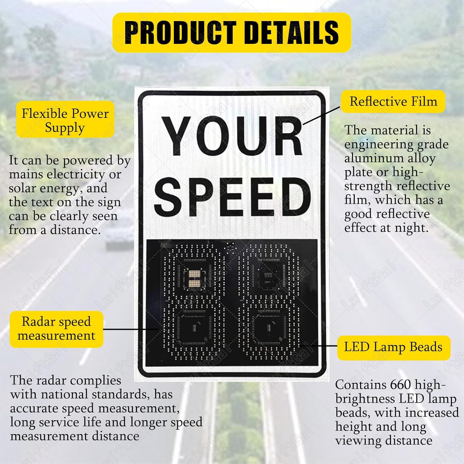 Radar Speed Sign, Solar Panel/Mains Electricity, Speed Display with Waterproof, Easy to Mount, Four Lanes of Speed Measurement Yellow-50 * 70cmSolarenergy