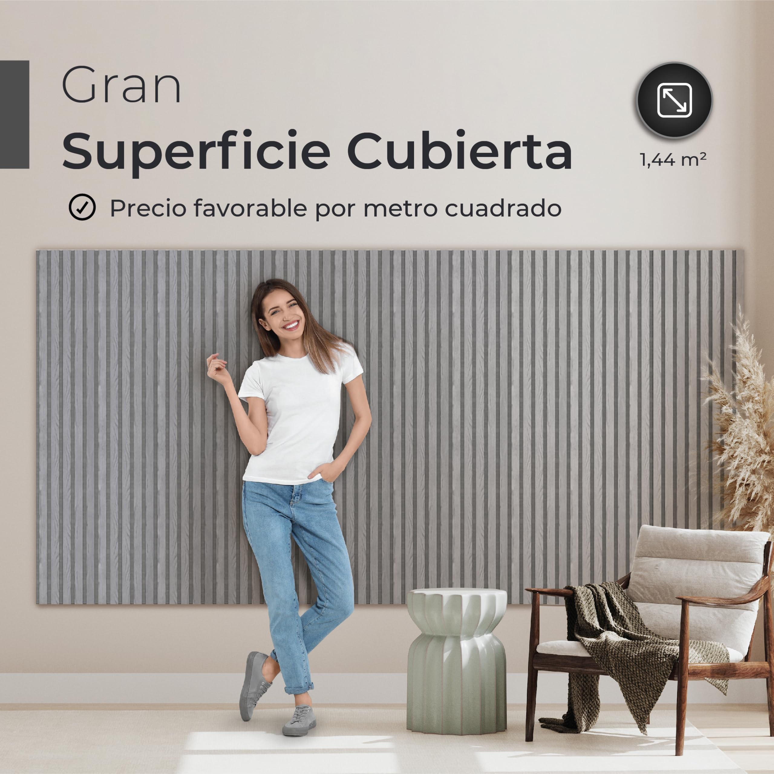 Paneles acústicos de madera, 2 piezas de 120 x 60 cm (= 1,44 m²) - Fieltro acústico (gris) y chapa de madera auténtica (peral) - Revestimiento de pared 3D, aislamiento acústico