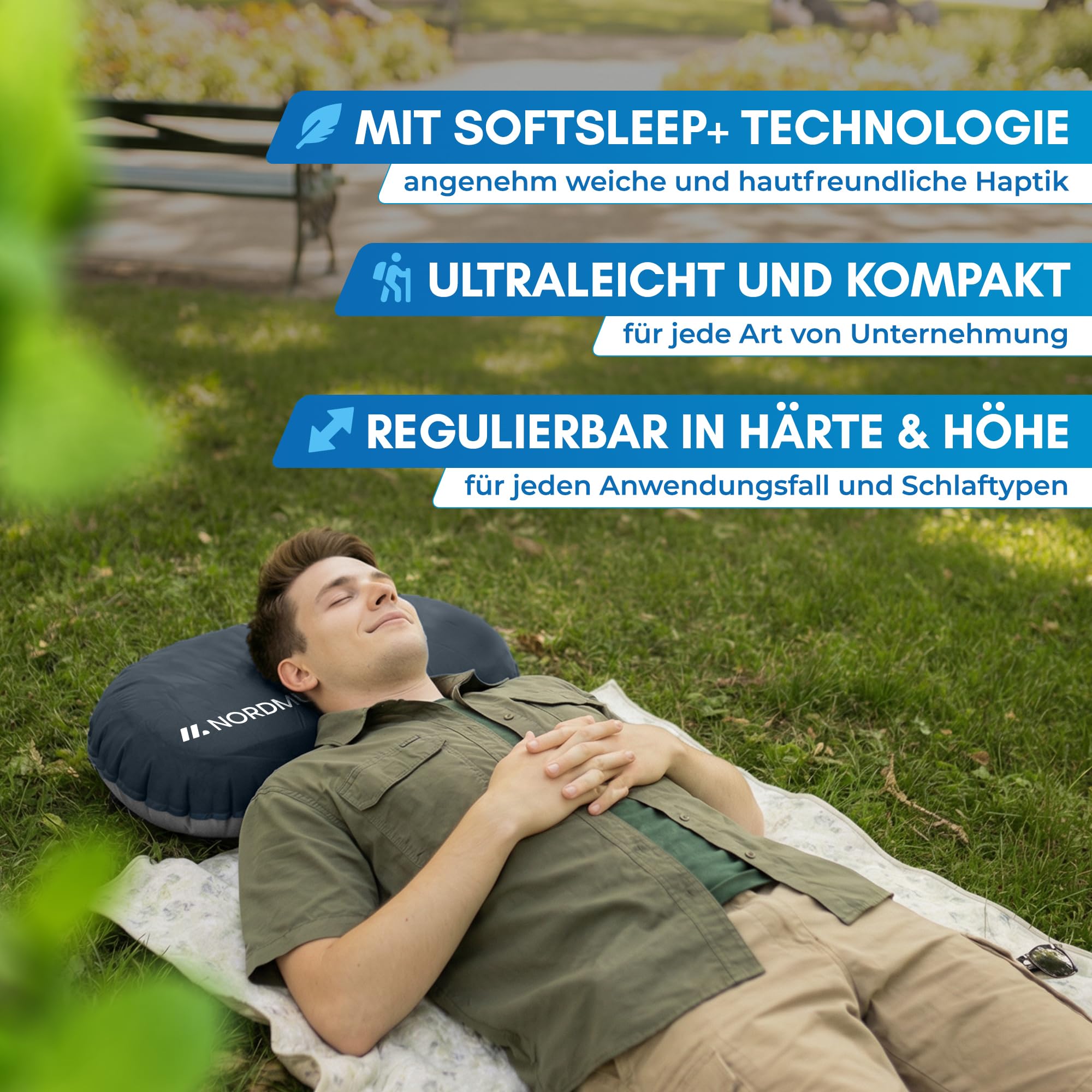 NORDMUT® Campingkissen aufblasbar [SoftSleep+] Komfortables Kissen Ultraleicht mit kleinem Packmaß – Reisekissen aufblasbar inkl. waschbarem Kissenbezug (Schwarz)