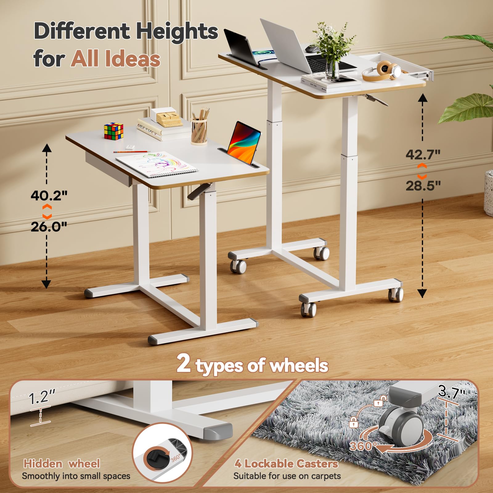 Mobile Standing Desk 35inch Small Rolling Table with Drawer Height Adjustable Sit Stand Workstation White Portable Laptop Cart — view 3