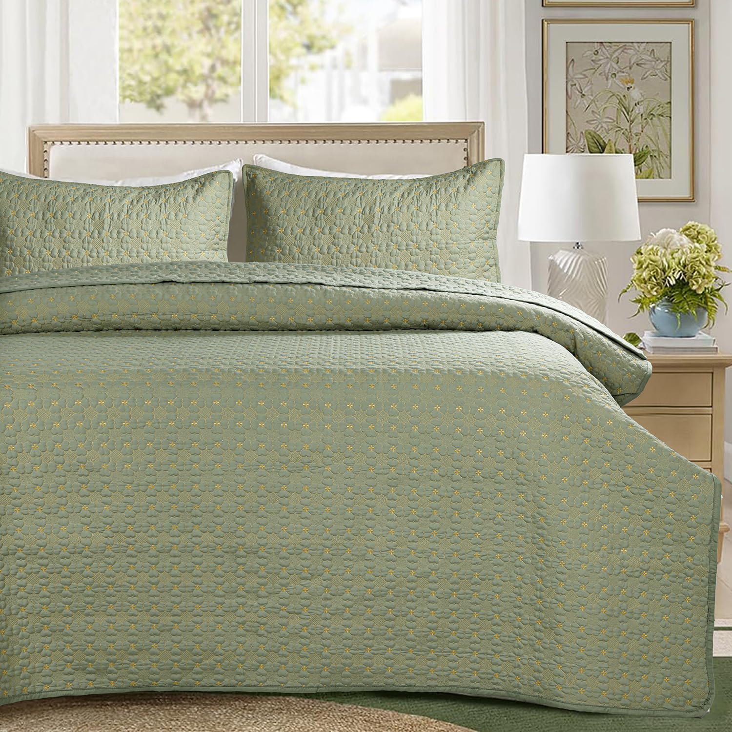 Amazon Brand - Umi 100% Cotton Ultrasonic Embroidery Quilt 280 Tc Solid King Size Super Soft Quilted Bed Cover/Bedsheet/Bedspreads with 2 Pillow Covers/Case (Luxury, Green 90X100 Inches, 250X230 cm)-image-25
