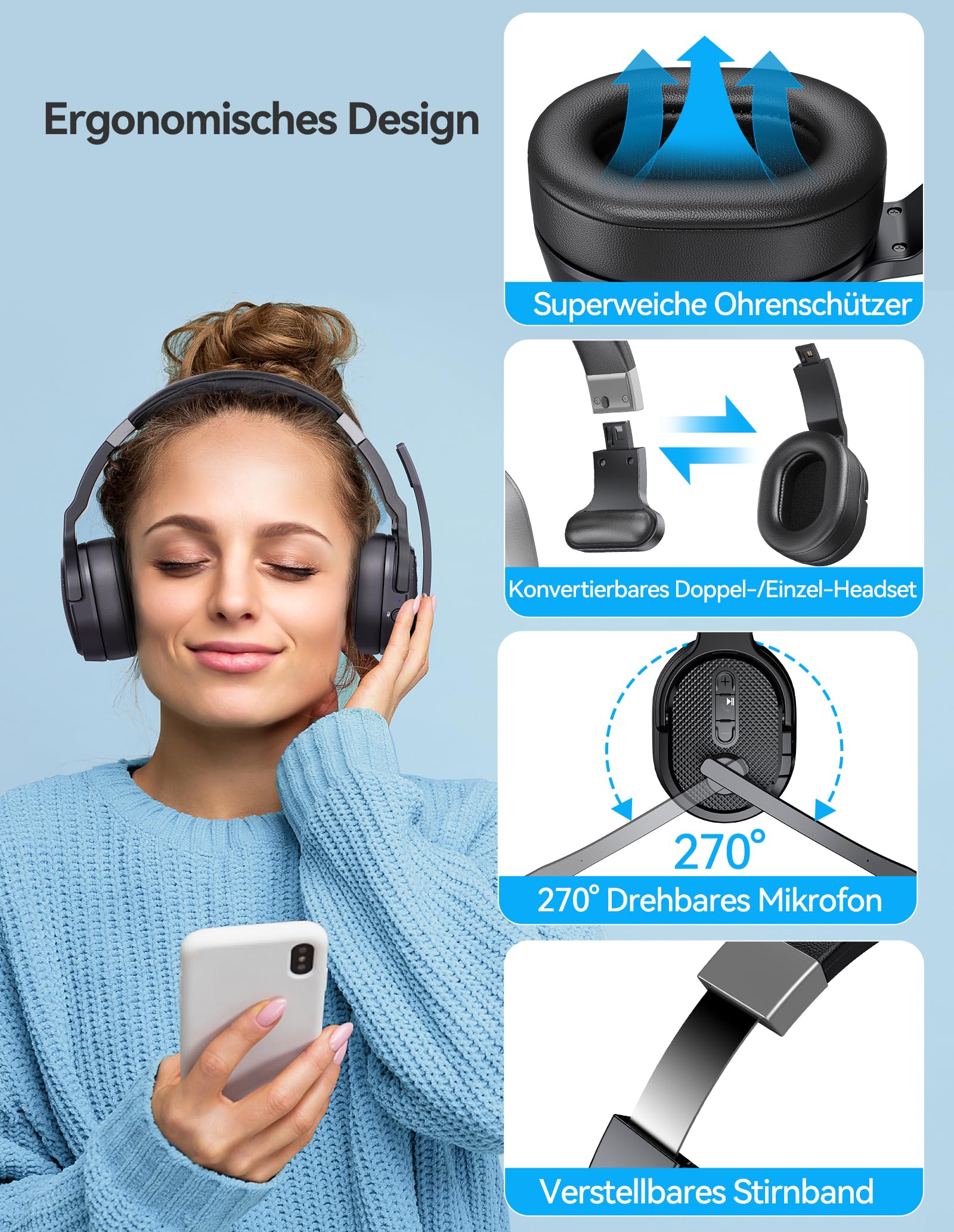 TECKNET Bluetooth Headset mit Mikrofon, Single und Dual Noise Cancelling Headset Kabellos mit USB Dongle, 3 EQ Musikmodi, Over Ear Kopfhörer Kabellos Bluetooth für Office, Home, Zoom