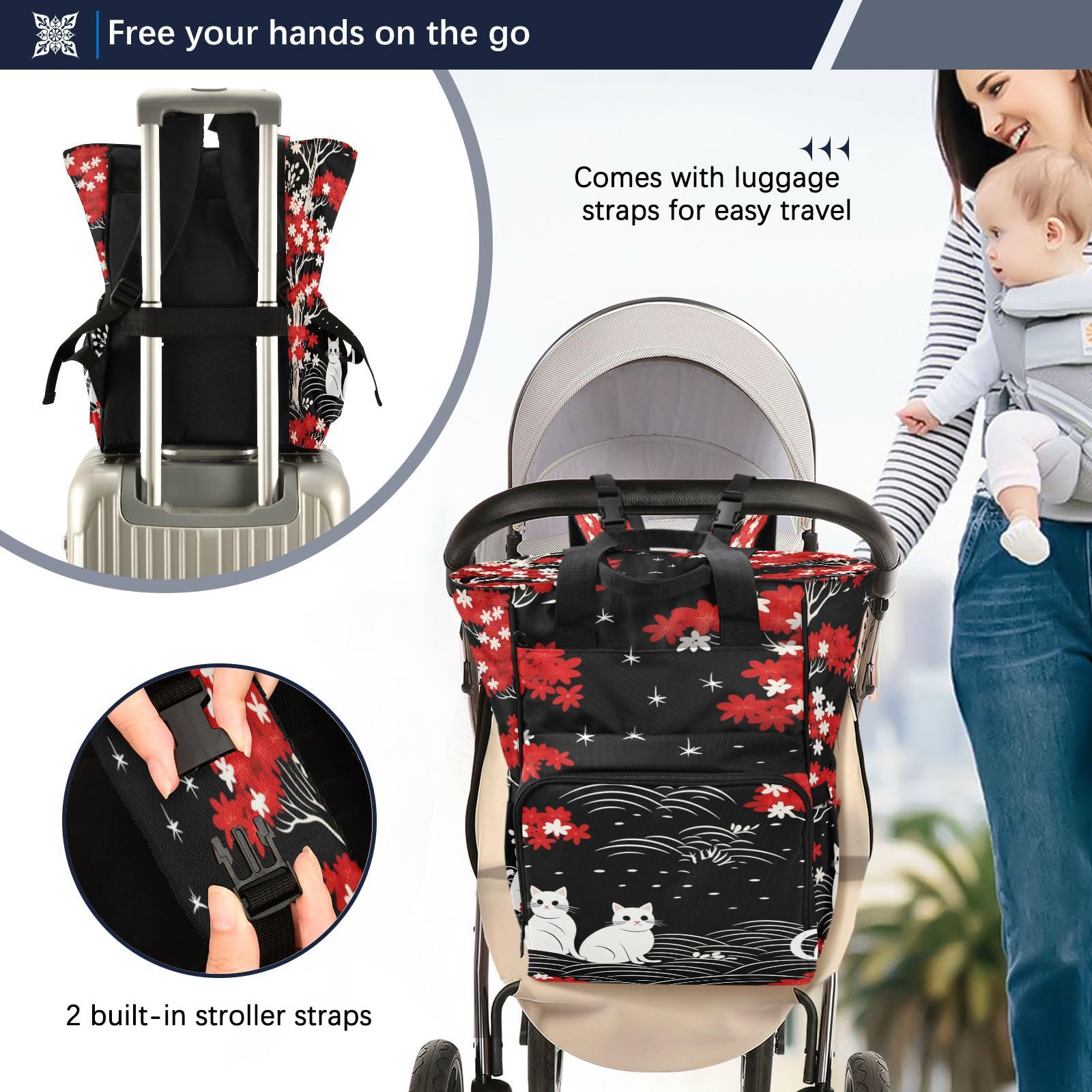 Patrón Repetitivo Gatos Negros Bolsa de Pañales, Mochila de Viaje, Gran Capacidad, Bolsas para Mamá Papá Mujeres Niñas