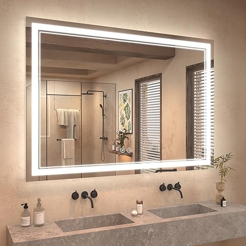 Miniatura 76 de OKPAL 50x30 Espejo de baño LED con marco negro, espejo iluminado para tocador de baño, iluminación frontal y trasera, regulable, antivaho, 3 Negro
