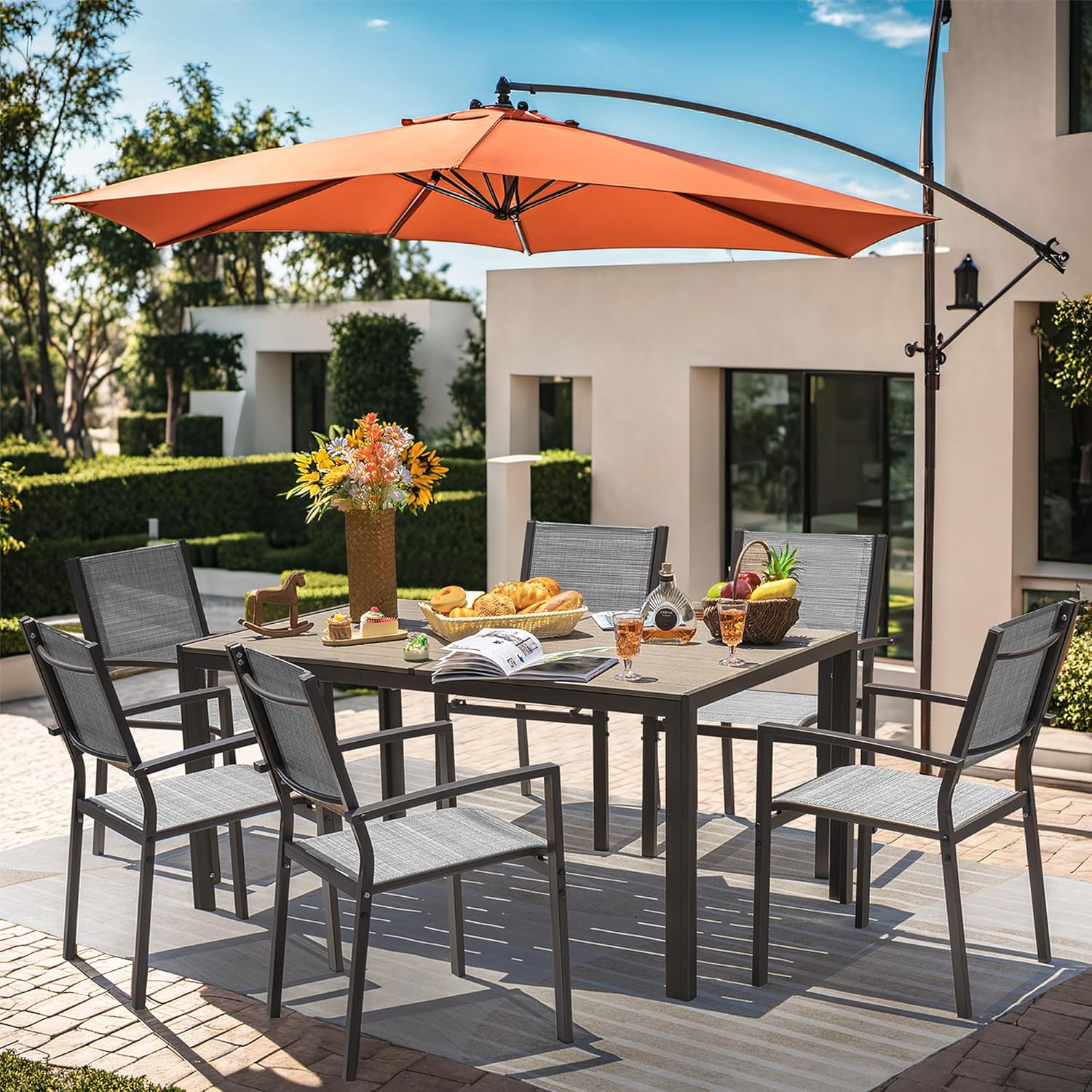 GUNJI 7 Piece Patio Furniture Set,Outdoor Dining Set with 6 Stackable Textilene Chairs and 60" Rectangular Table,Family Conversation Set for Garden Backyard Deck (Gray)