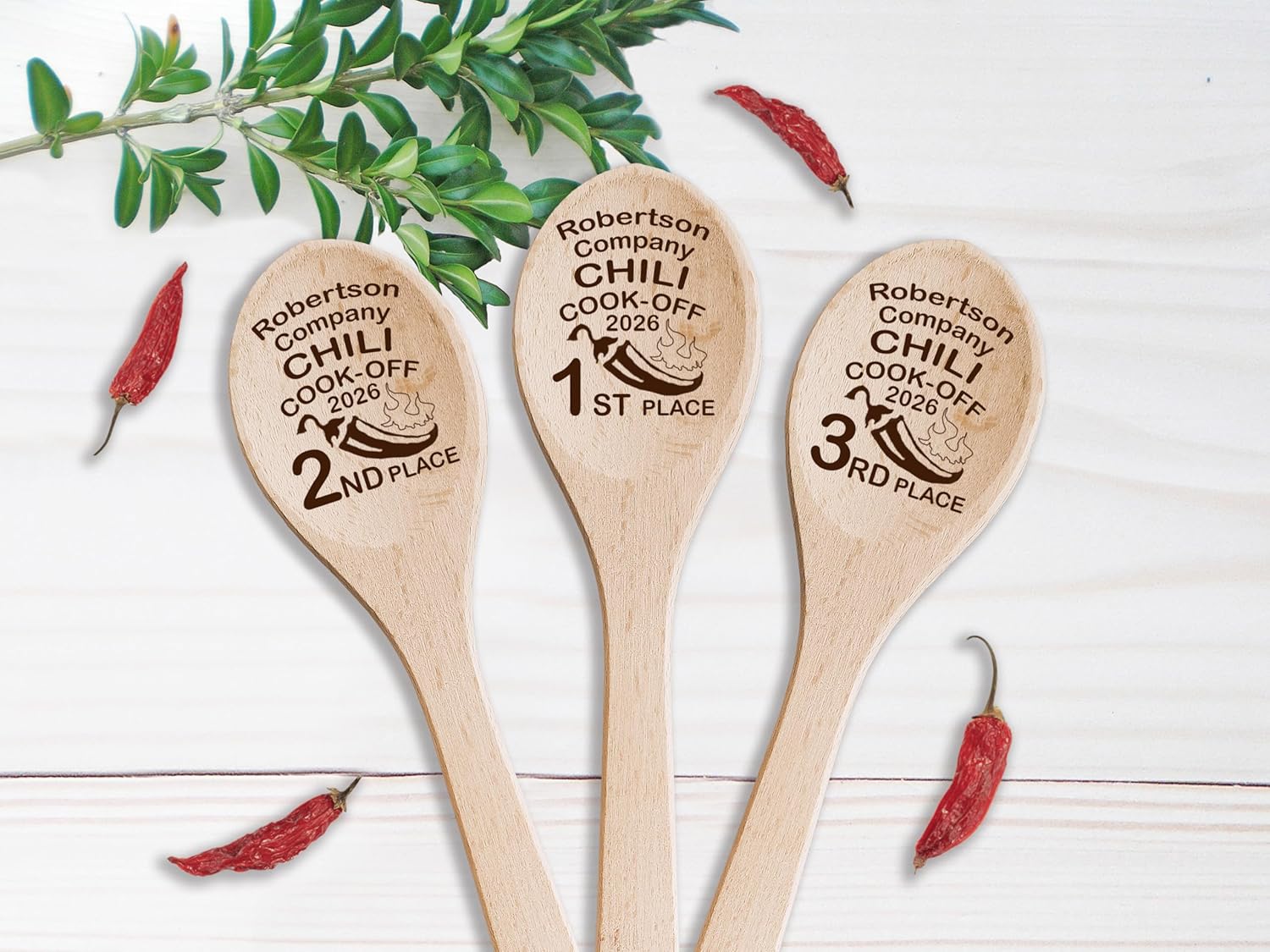 Chili Cook Off Spoon Prize Personalized Wood Chili Trophy Cooking Champion Award 1st 2nd 3rd Place Best Dessert Custom Company Name Engraved Spoon (3 Spoons + 3 Bags)