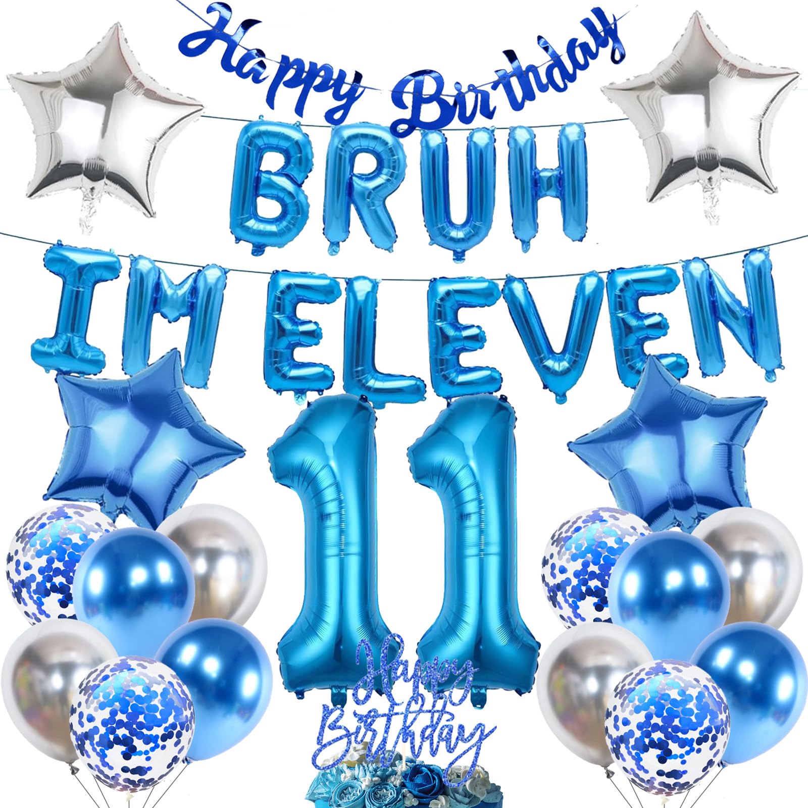 PAUBLLON 11th Birthday Decoration Balloon Set - 32 Pcs Blue Bruh I'M 11 Letter Banners Star Foil Balloons Latex Confetti Balloons Cake Topper for 11 Years Old Birthday Party Supplies (Blue)