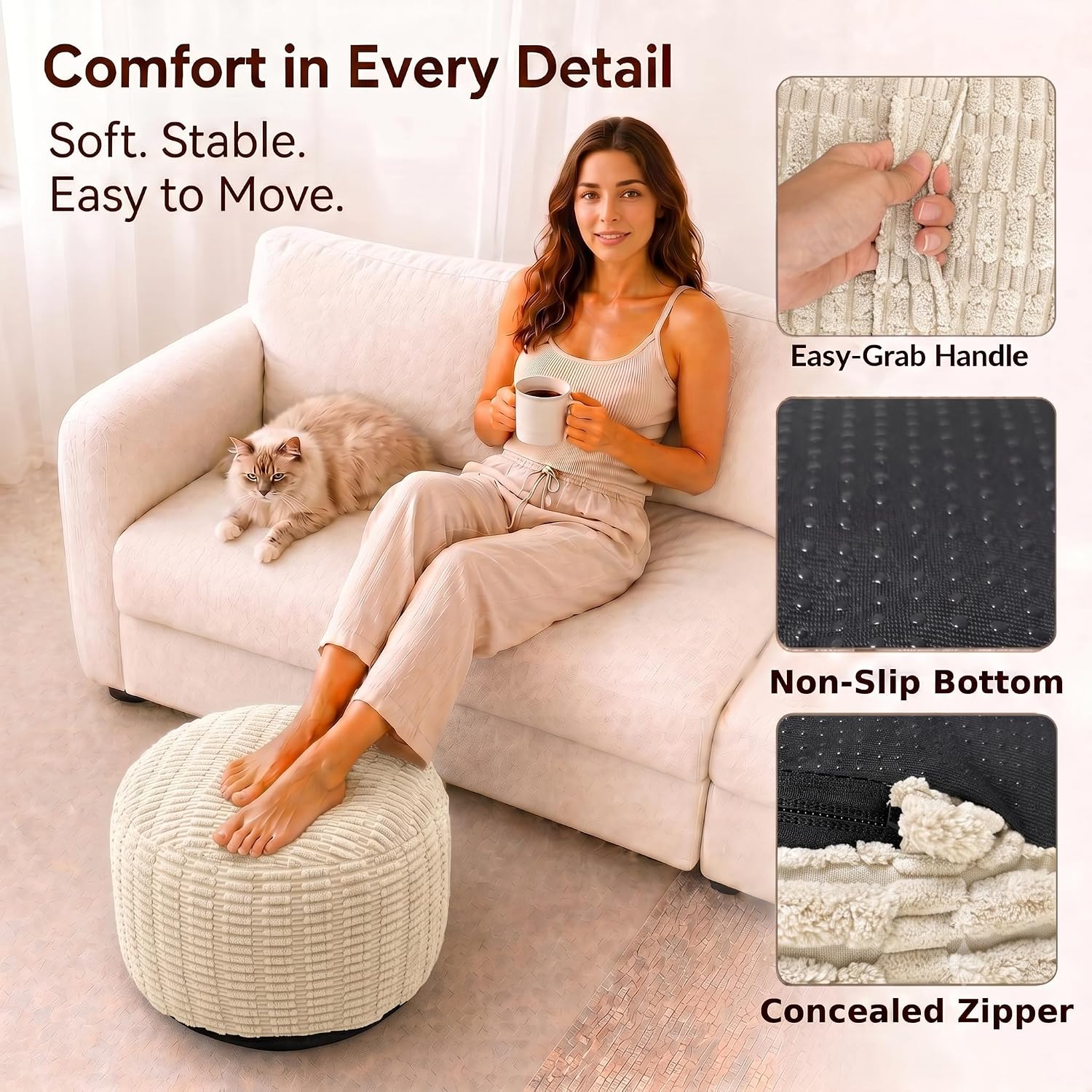 Round Pouf Ottoman, Ivory, 20"x13", Corduroy Foot Rest