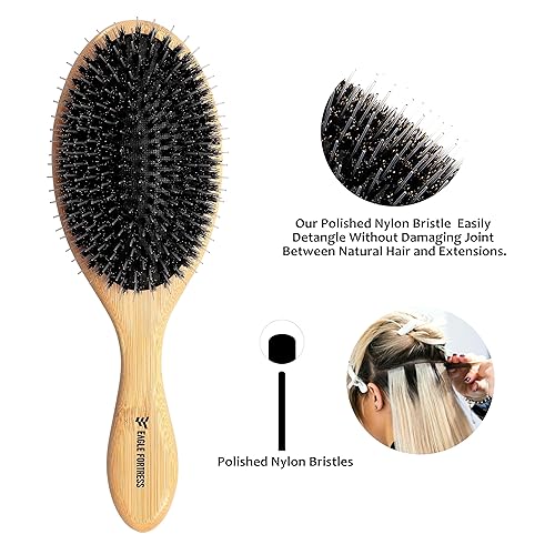 Miniatura 3 de EAGLE FORTRESS Cepillo desenredante para el cabello, cerdas de jabalí, cepillo desenredante con mango totalmente biodegradable, cepillo ovalado con