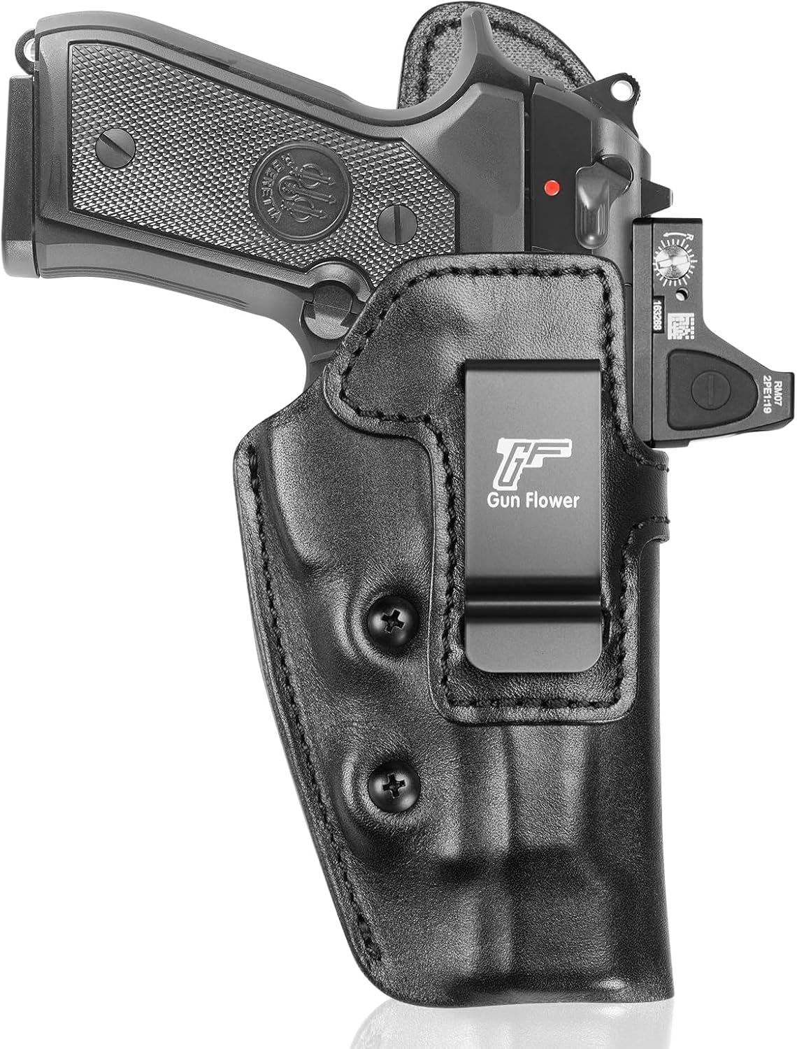 GUN & FLOWER IWB Leather Holster for Beratta 92FS/ 96 / M9 (No Rail), Optic Cut, Concealed Carry Inside Waistband Holster, Fits 1.5"-1.75" Belts, Adj. Retention, Black, Right Hand