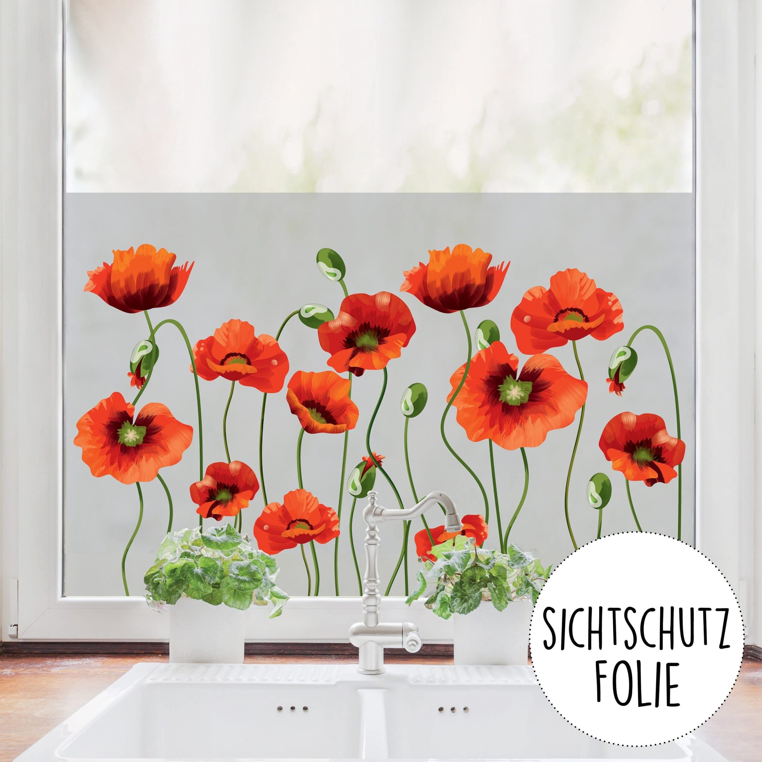 Sichtschutzfolie mit Mohnblumen, Fensterfolie Fensterdeko Milchglasfolie, 100 cm hoch, 75 cm breit
