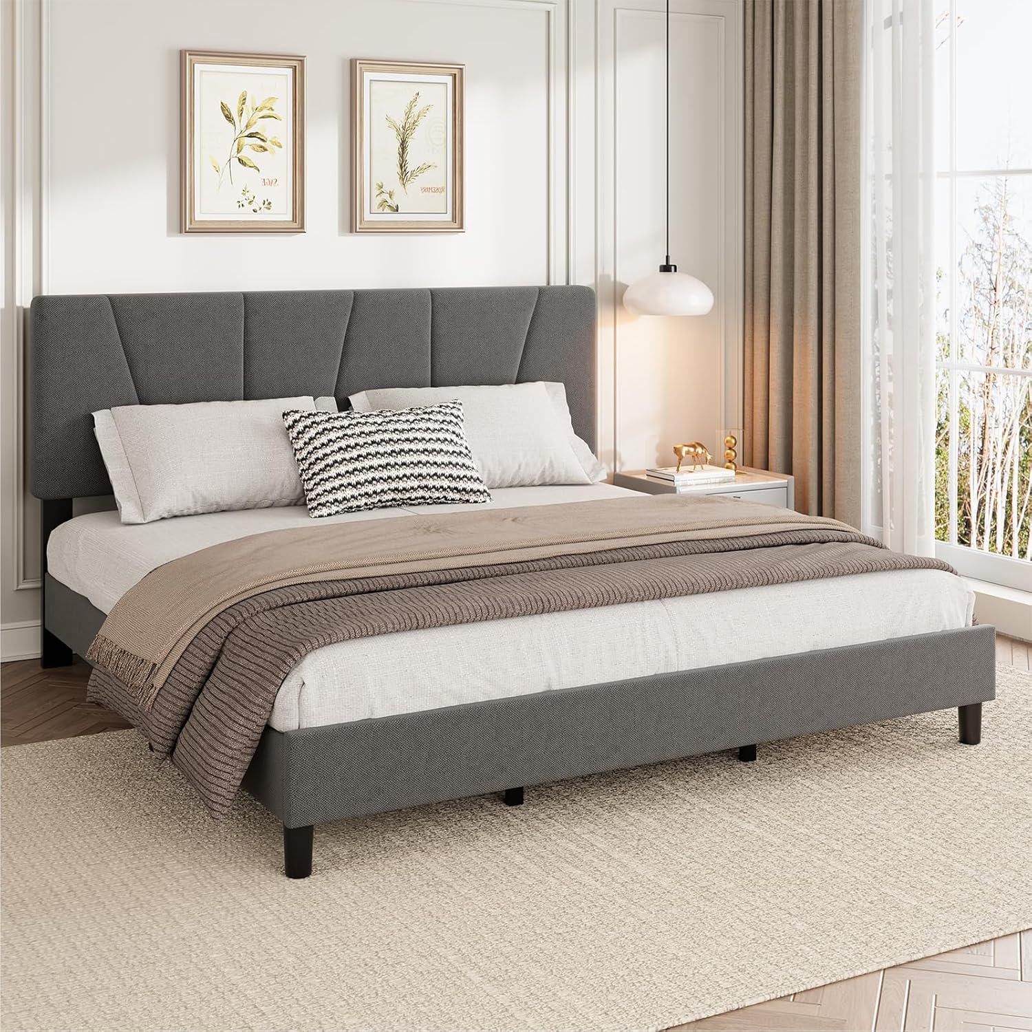 King Size Bed Frame with Headboard Adjustable, Modern Linen Upholstered King Platform Bed Frame with Wooden Slat Support, No Box Spring Needed, Grey