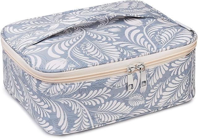 Travel Makeup Bag Large Cosmetic Bag Make up Case Organizer for Women and Girls (Blue Leaf)